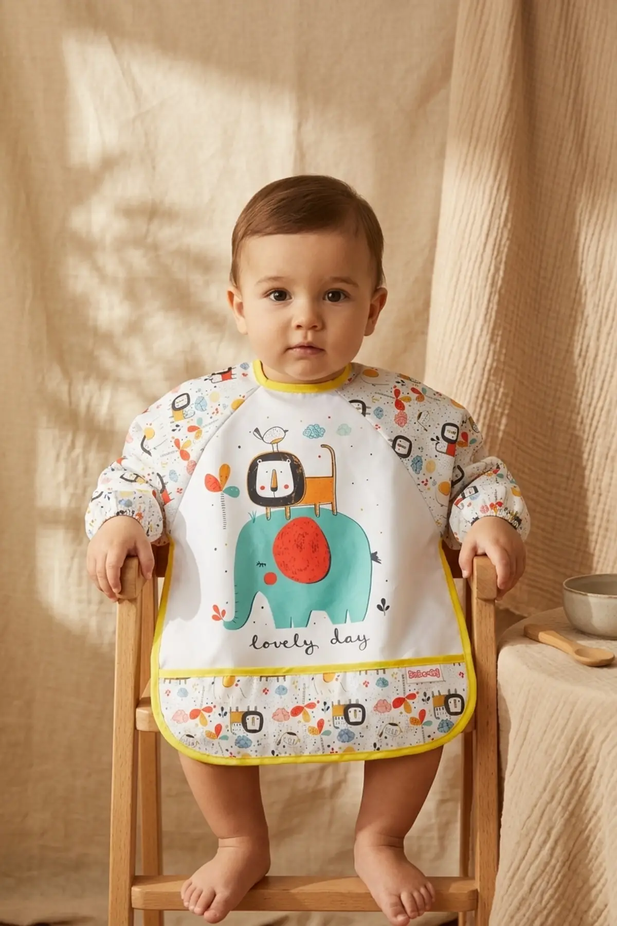 Safari Serisi 2li Paket Sıvı Geçirmez Kollu Bebek Mama Önlüğü - Ek Gıda BLW Başlangıç Seti - Leke Tutmaz Lüks Tasarım 6-24 Ay