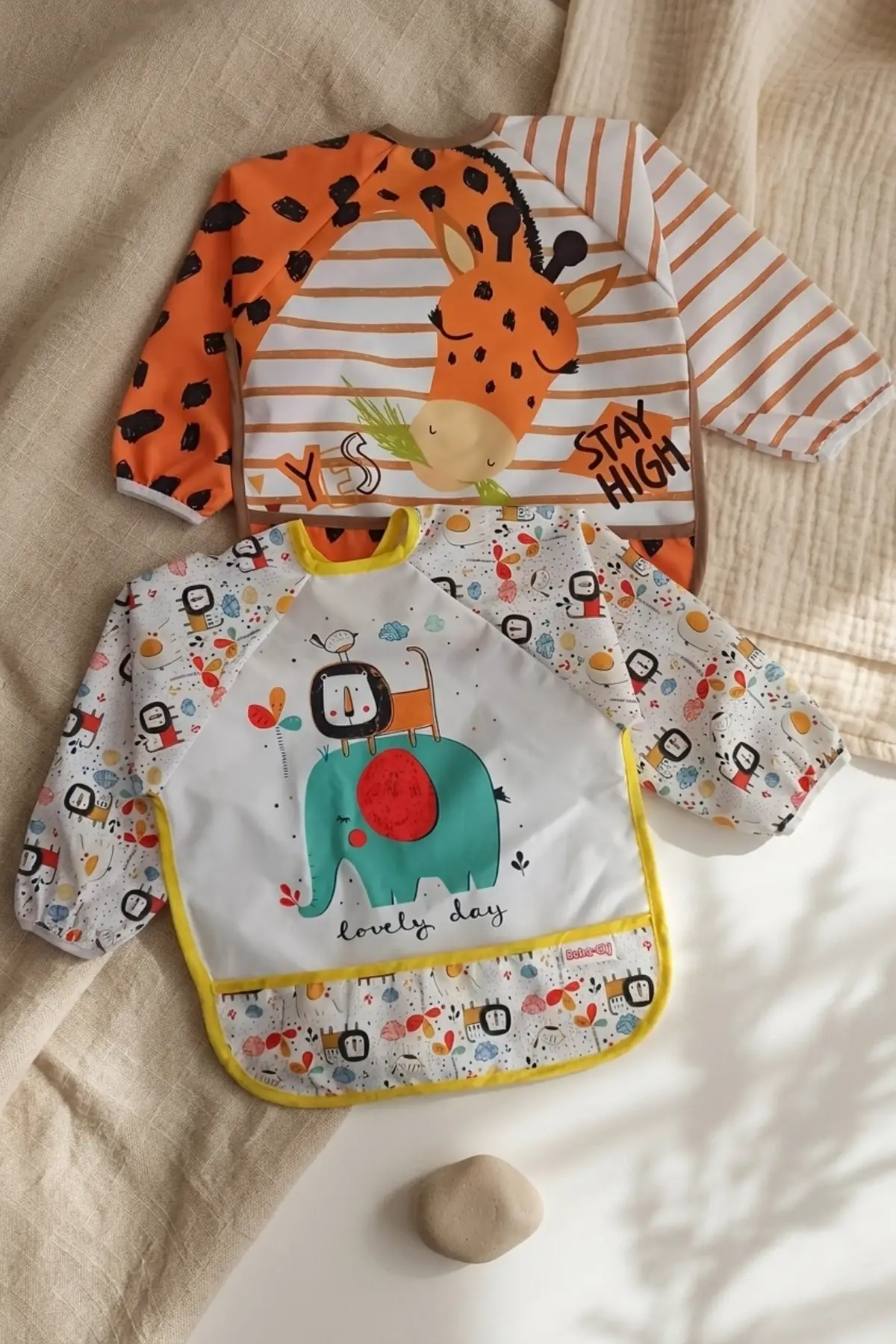 Safari Serisi 2li Paket Sıvı Geçirmez Kollu Bebek Mama Önlüğü - Ek Gıda BLW Başlangıç Seti - Leke Tutmaz Lüks Tasarım 6-24 Ay