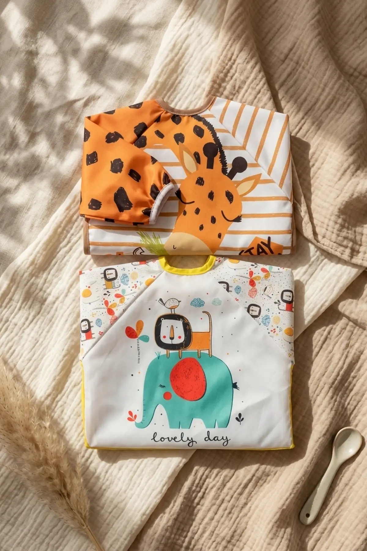 Safari Serisi 2li Paket Sıvı Geçirmez Kollu Bebek Mama Önlüğü - Ek Gıda BLW Başlangıç Seti - Leke Tutmaz Lüks Tasarım 6-24 Ay