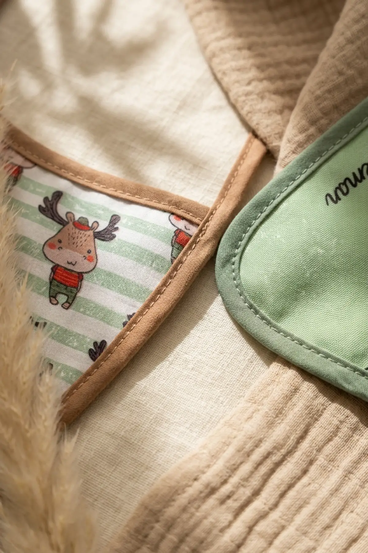 Bebe-Sty 2li Paket Sıvı Geçirmez Cepli Bebek Mama Önlüğü - Yeşil Geyik Figürlü Little Gentleman Tasarımı 0-12 Ay