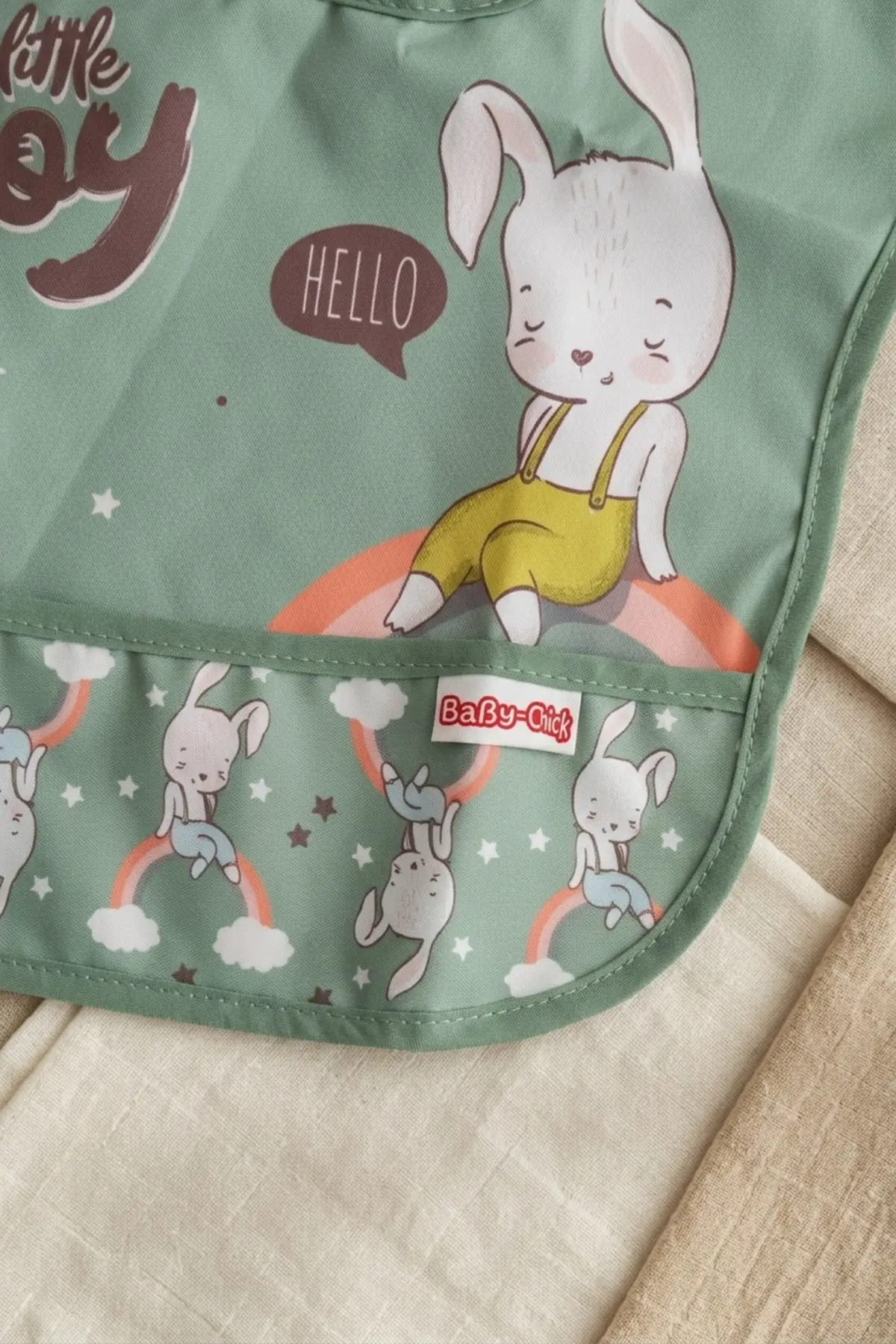 Nino 2li Su Geçirmez Bebek Mama Önlüğü Seti - Mint Yeşil Tavşan Desenli, Leke Tutmaz ve Kırıntı Cepli Ek Gıda Önlüğü 0-12 Ay
