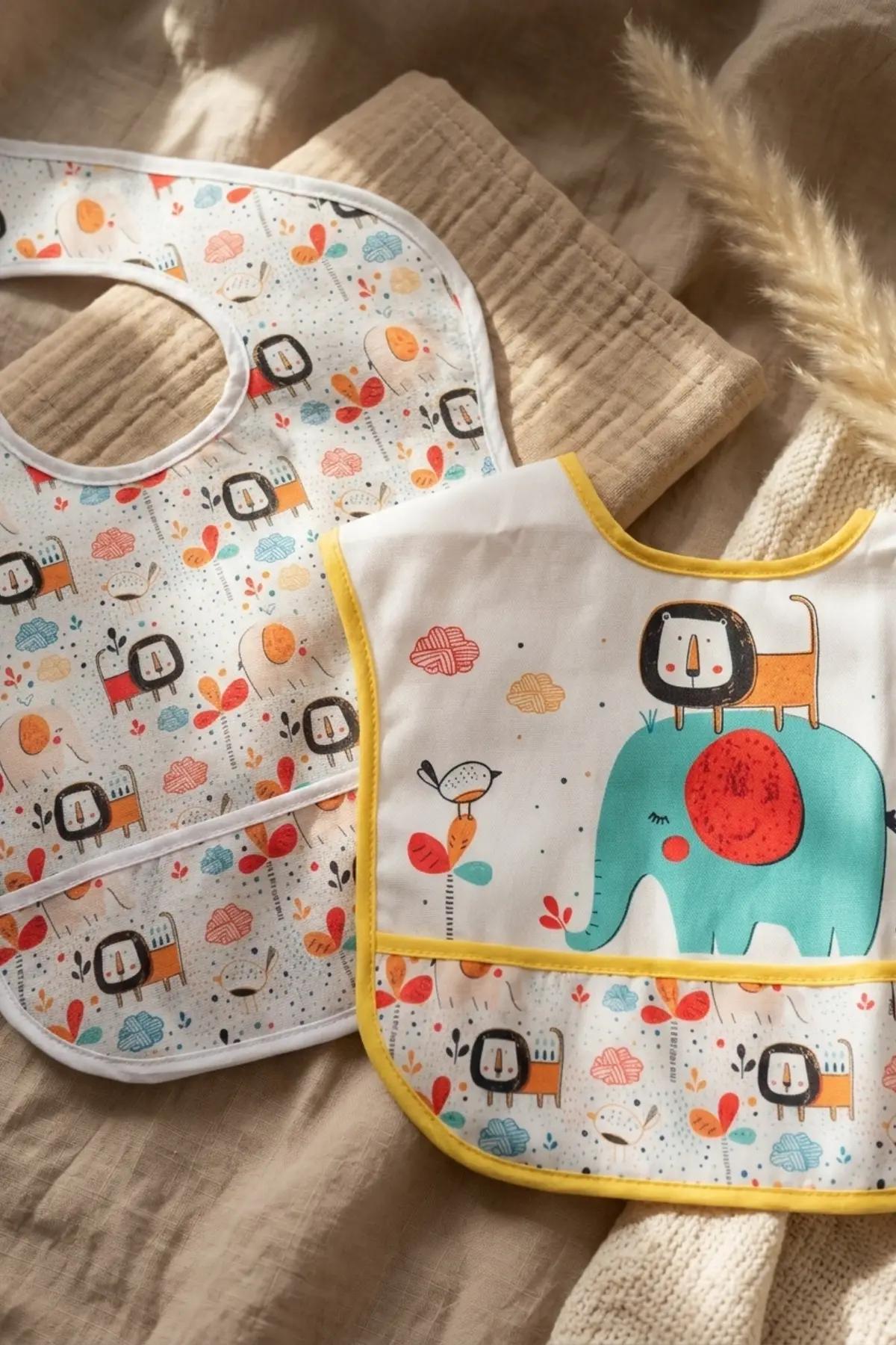 Safari Bliss 2li Su Geçirmez Cepli Bebek Mama Önlüğü - Leke Tutmaz Silinebilir Safari Desenli Mama Önlüğü Seti 0-12 Ay
