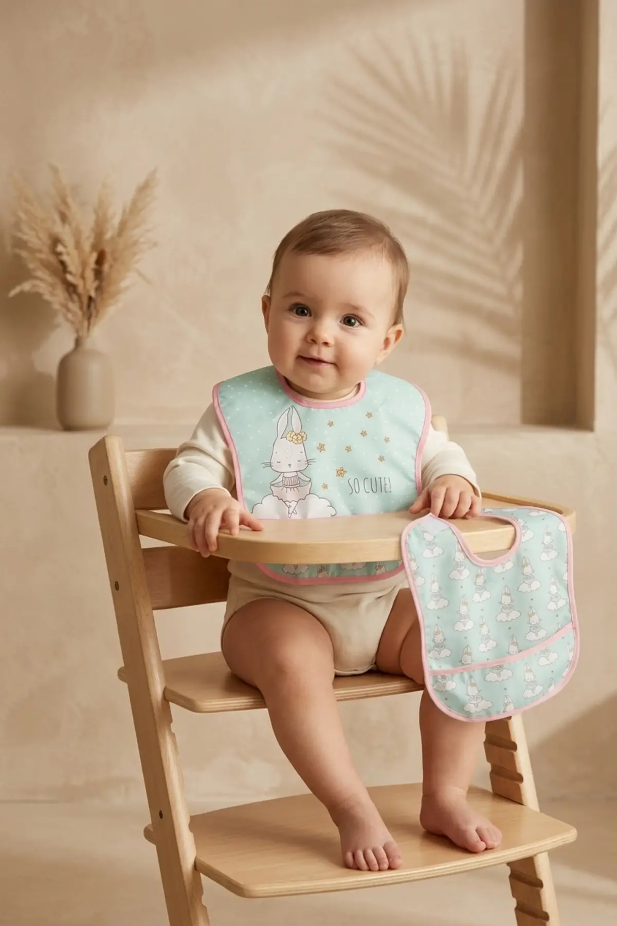 Mallow Bunny Sıvı Geçirmez Leke Tutmaz 2li Bebek Mama Önlüğü Seti - Tavşan Desenli, Mama Cepli, Cırtlı Mint-Pembe 0-12 Ay