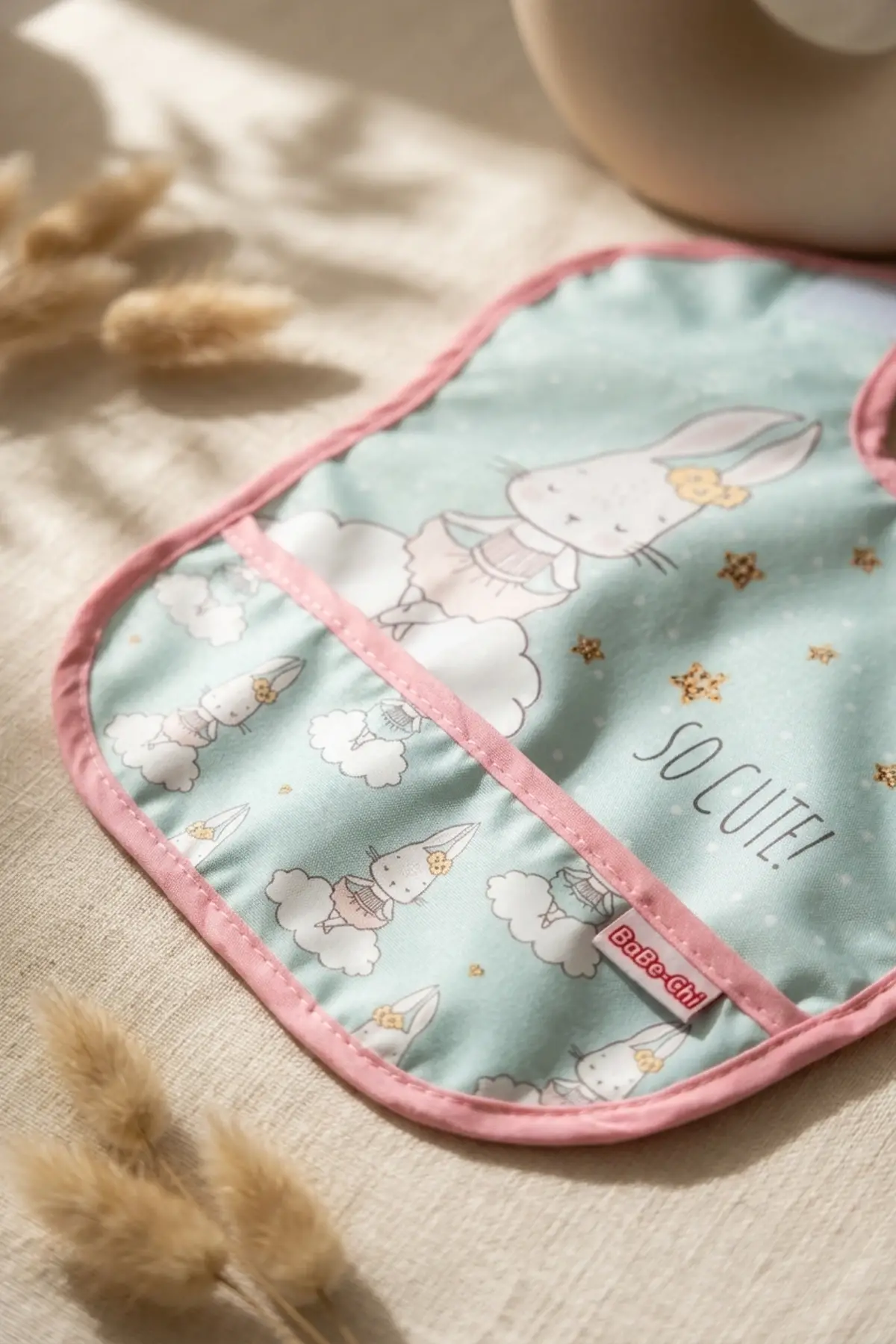 Mallow Bunny Sıvı Geçirmez Leke Tutmaz 2li Bebek Mama Önlüğü Seti - Tavşan Desenli, Mama Cepli, Cırtlı Mint-Pembe 0-12 Ay