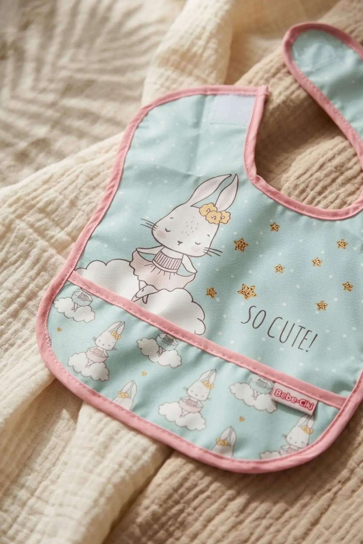 Mallow Bunny Sıvı Geçirmez Leke Tutmaz 2li Bebek Mama Önlüğü Seti - Tavşan Desenli, Mama Cepli, Cırtlı Mint-Pembe 0-12 Ay
