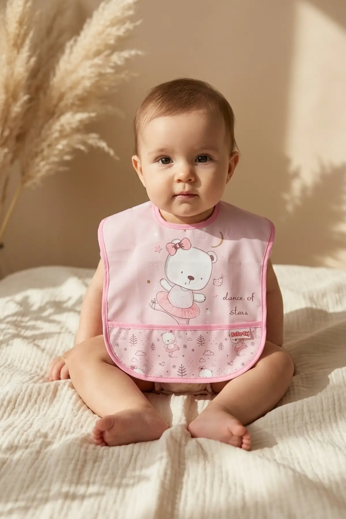 Bella Bear 2li Sıvı Geçirmez Cepli Mama Önlüğü - Pembe Balerin Ayıcık Desenli Leke Tutmaz Bebek Önlüğü 0-12 Ay