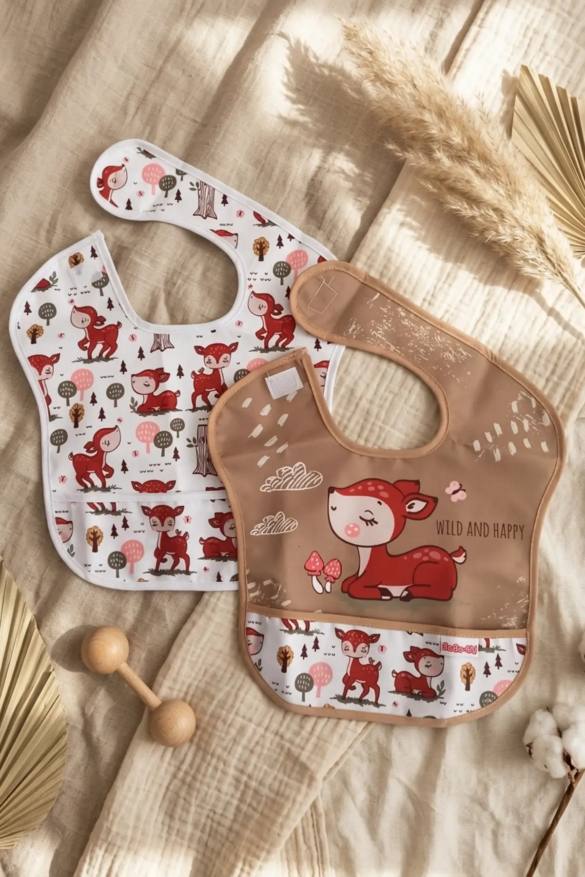 Bambi Serisi 2li Sıvı Geçirmez Cepli Bebek Mama Önlüğü - Orman Temalı Leke Tutmaz Ayarlanabilir Cırtlı Set 0-12 Ay