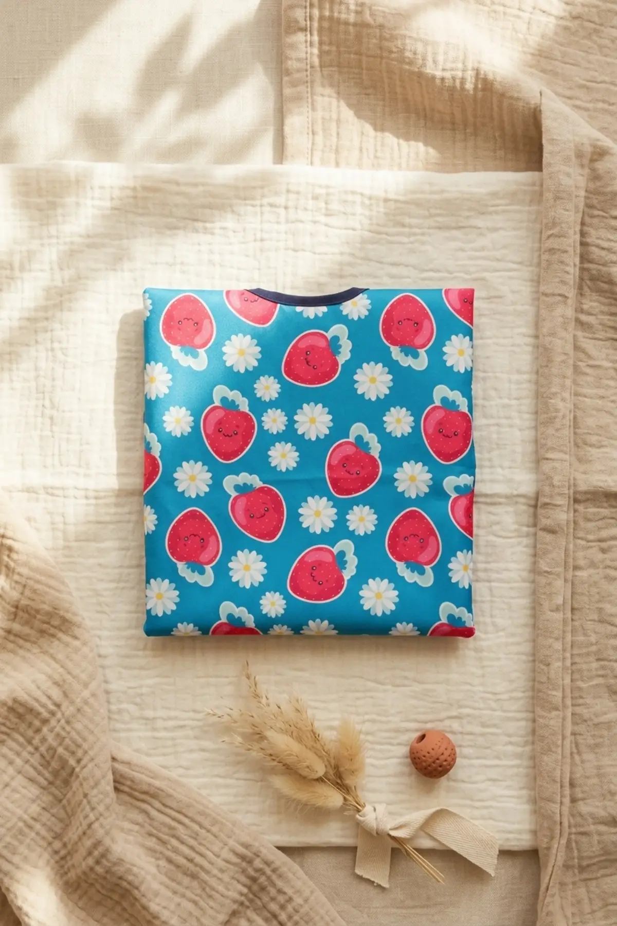 Berry Joy Sıvı Geçirmez Cepli Bebek Mama Önlüğü - Mavi Çilek ve Papatya Desenli, Leke Tutmaz Ek Gıda Önlüğü 6-24 Ay