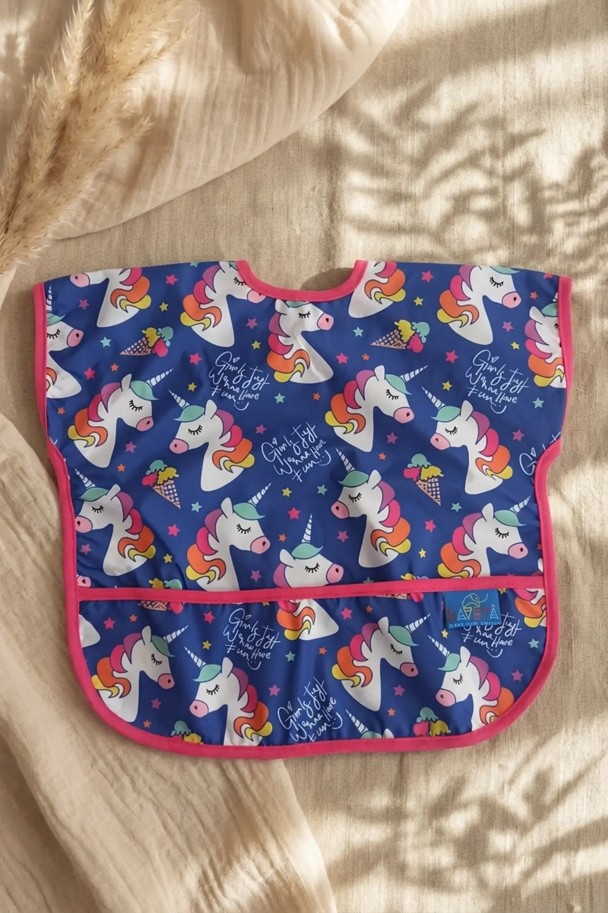 UniMagic Unicorn Desenli Sıvı Geçirmez Cepli Bebek Mama Önlüğü - BLW Uyumlu Leke Tutmaz Aktiviteli Bebek Önlüğü 6-24 Ay