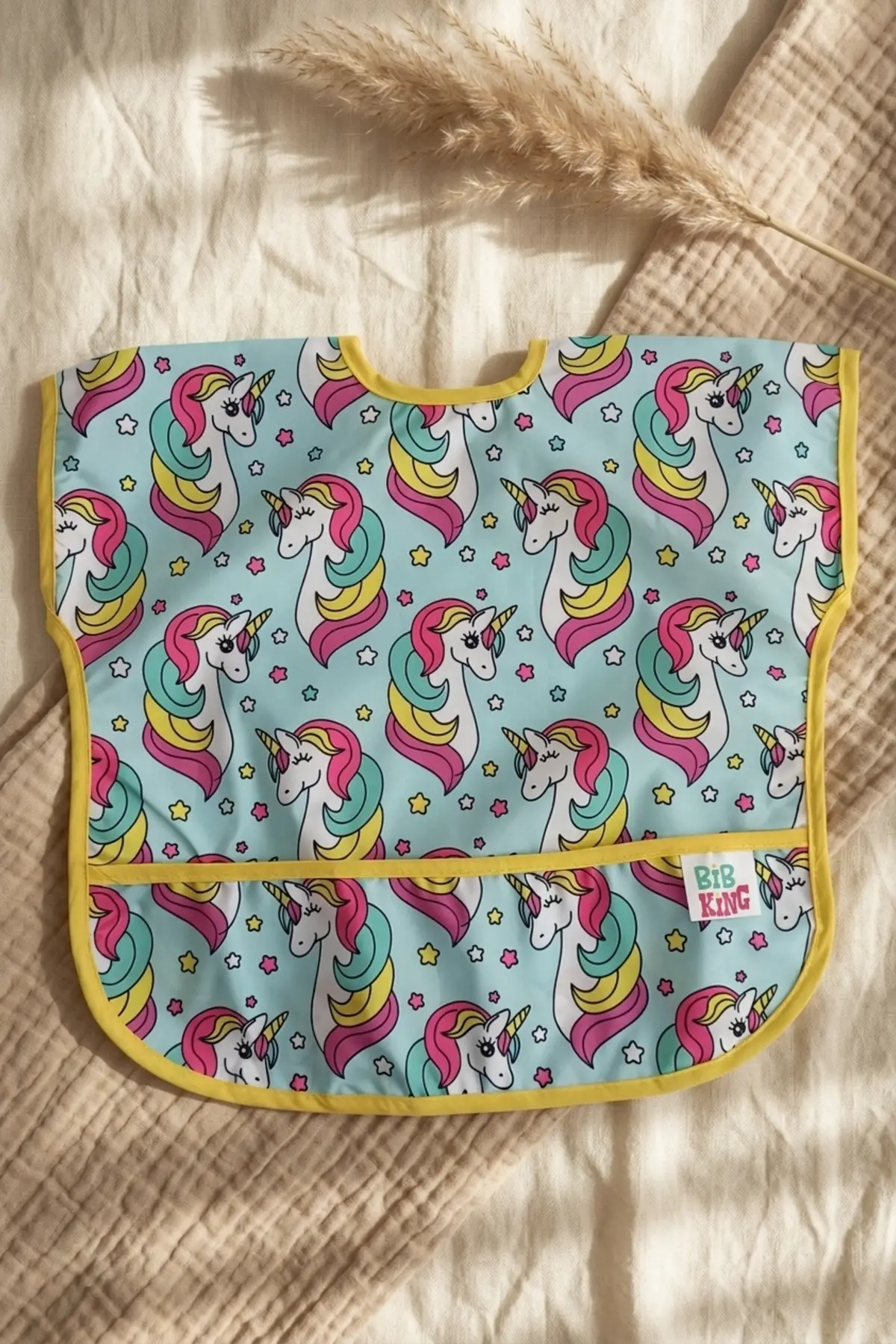 Stellar Unicorn Desenli Leke Tutmaz Sıvı Geçirmez Bebek Önlüğü - Kolsuz Yelek Tasarımlı Mama Önlüğü 6-24 Ay