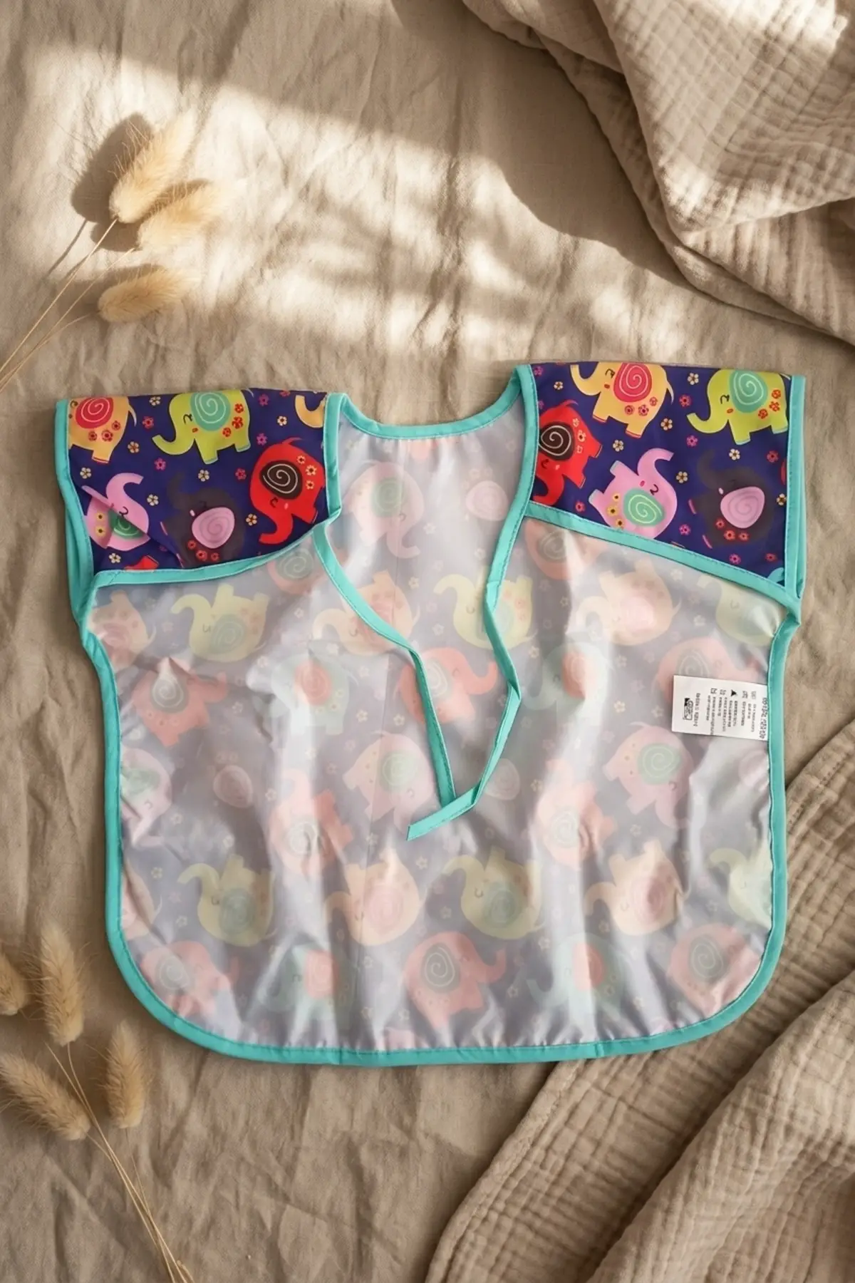 Elly Joy Renkli Fil Desenli Sıvı Geçirmez Leke Tutmaz Bebek Mama Önlüğü - Ergonomik Kolsuz Faaliyet ve Yemek Önlüğü 6-24 Ay