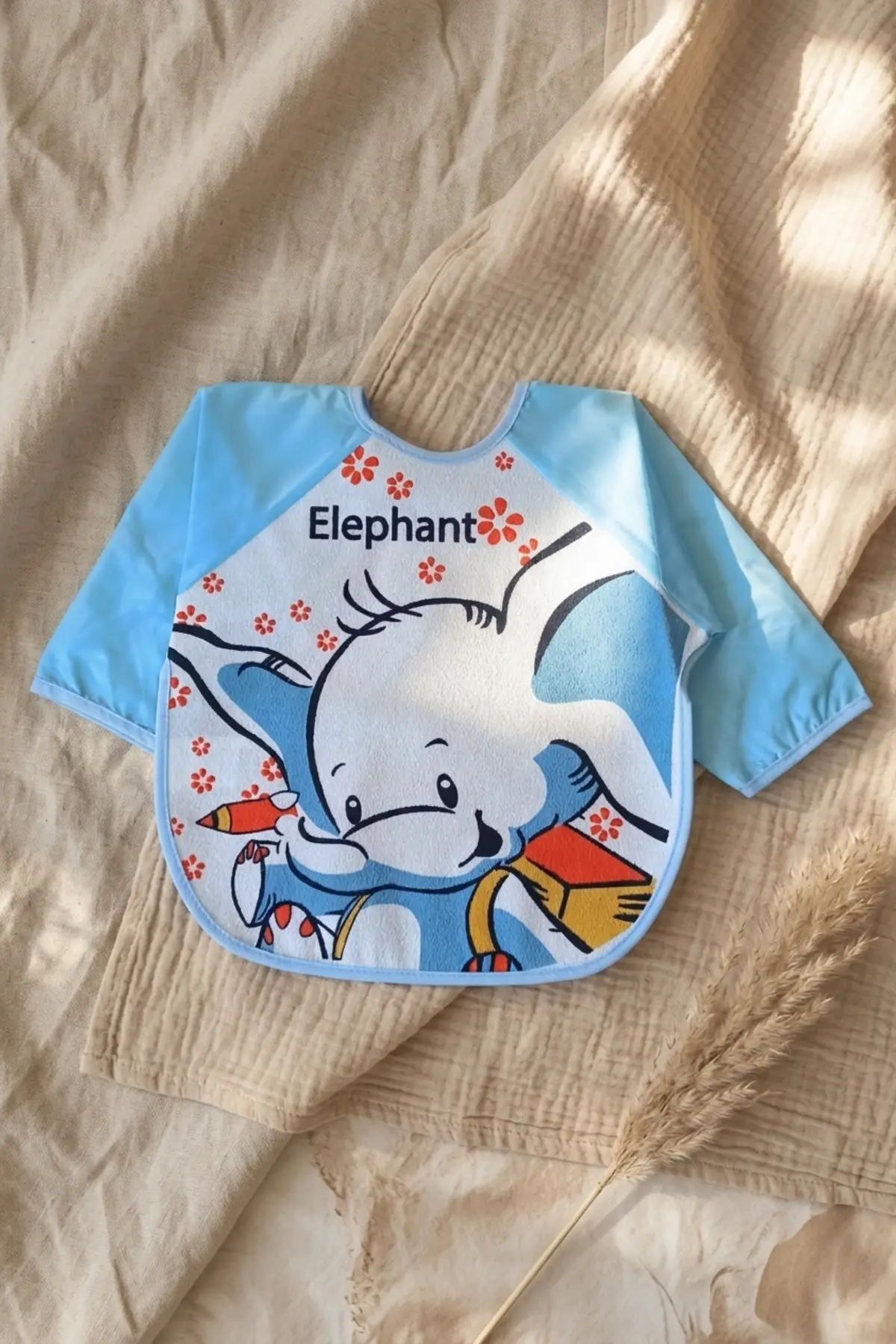 Mavi Elephant Karakterli Sıvı Geçirmez Kollu Bebek Yemek ve Boyama Önlüğü - BLW Uyumlu Leke Tutmaz Mama Önlüğü 6-24 Ay