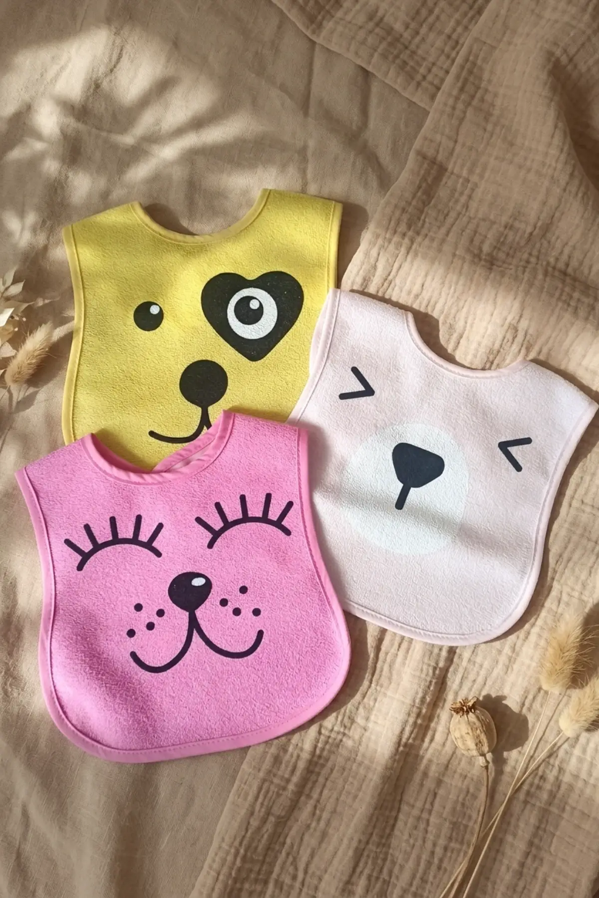 Lumi 3lü Paket Hayvan Figürlü Yumuşak Dokulu Bebek Mama Önlüğü Seti - %100 Pamuklu ve Sıvı Emici 0-12 Ay
