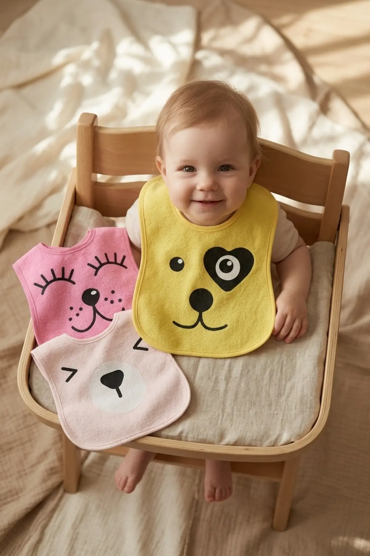 Lumi 3lü Paket Hayvan Figürlü Yumuşak Dokulu Bebek Mama Önlüğü Seti - %100 Pamuklu ve Sıvı Emici 0-12 Ay