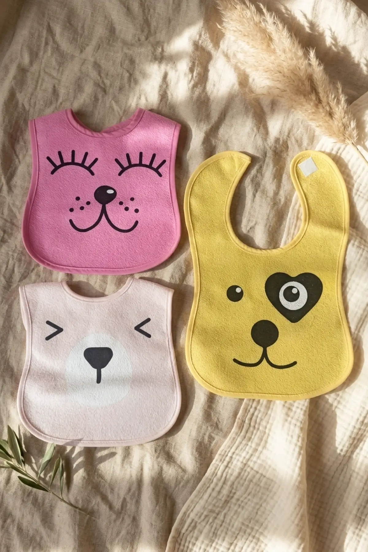 Lumi 3lü Paket Hayvan Figürlü Yumuşak Dokulu Bebek Mama Önlüğü Seti - %100 Pamuklu ve Sıvı Emici 0-12 Ay