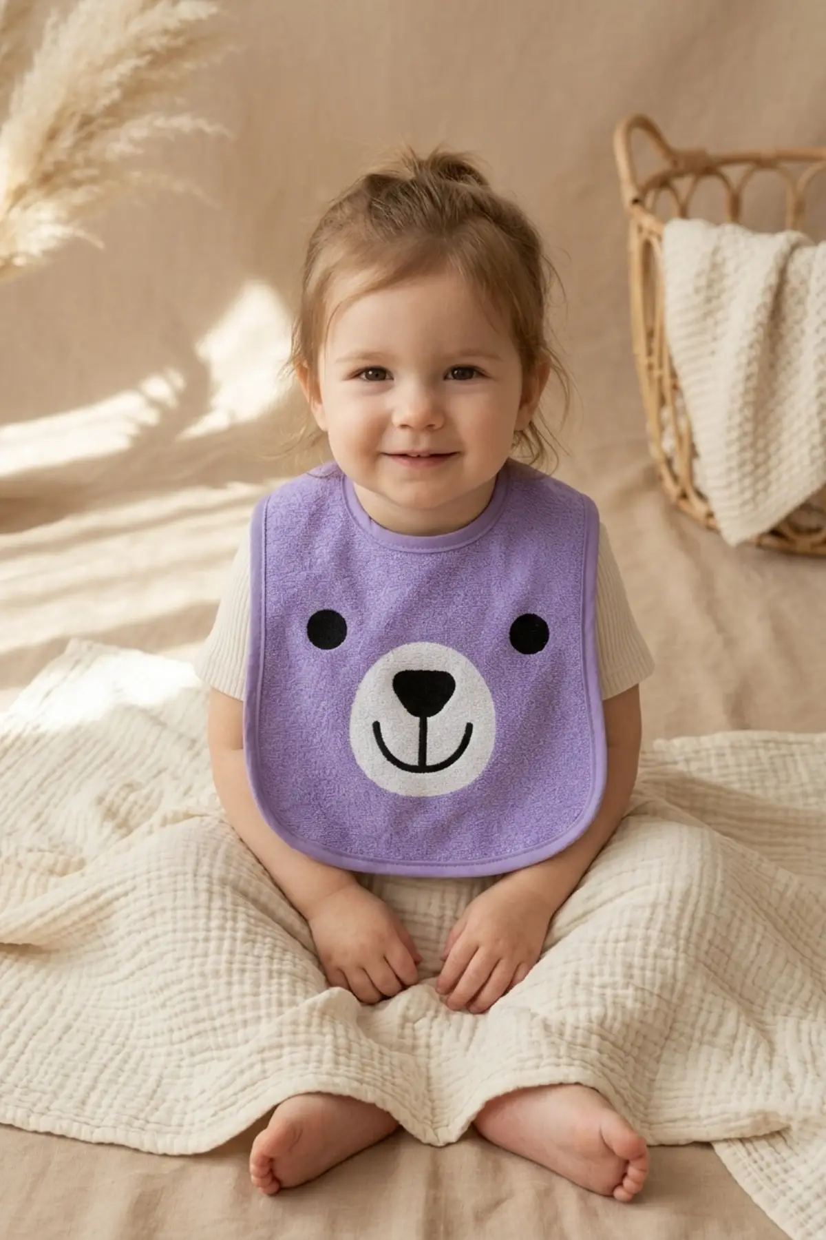 Teddy Bloom 3lü Paket Ayıcık Figürlü Yumuşak Havlu Bebek Mama Önlüğü Seti - Sıvı Emici ve Cilt Dostu 0-12 Ay