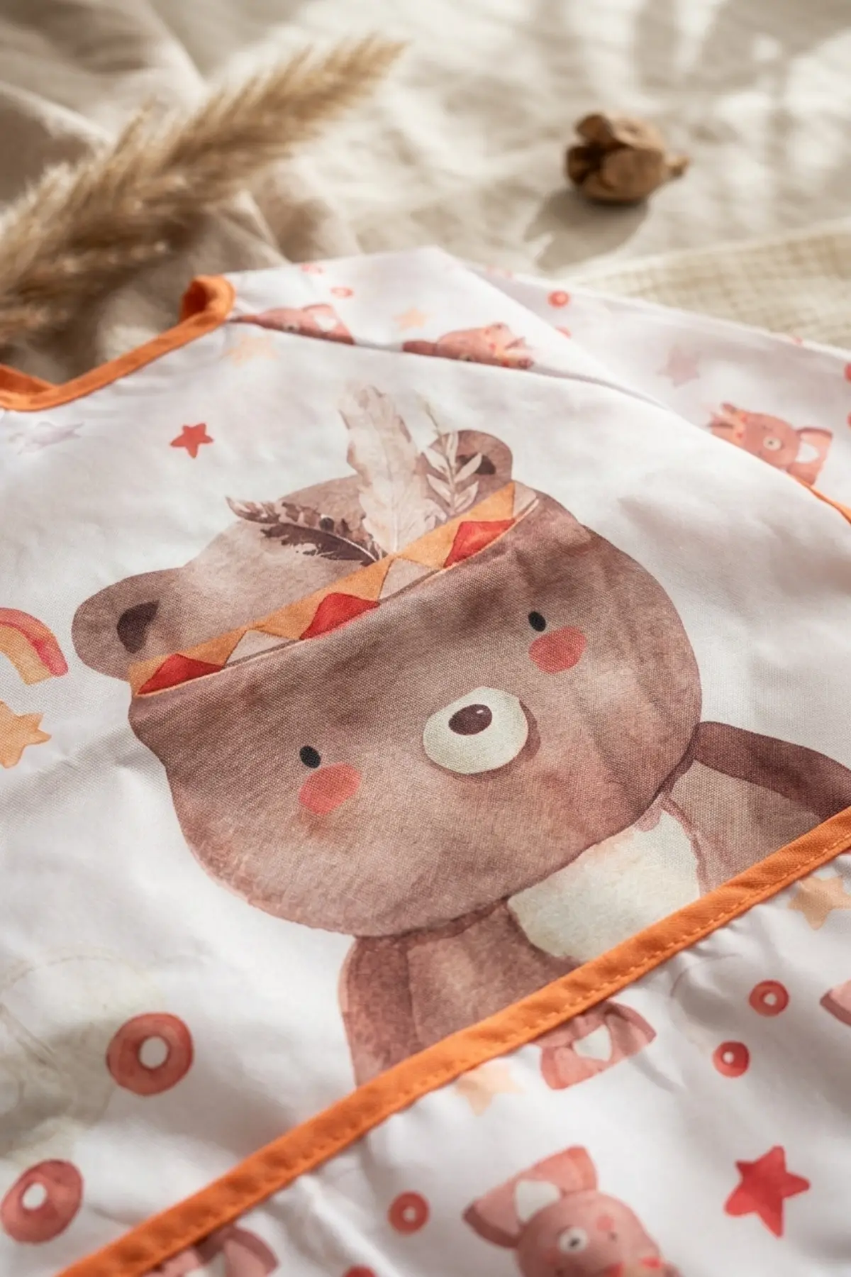 Bery Boho Sıvı Geçirmez Uzun Kollu Bebek Mama Önlüğü - Boho Ayıcık Desenli, Cepli ve Leke Tutmaz BLW Önlüğü 6-24