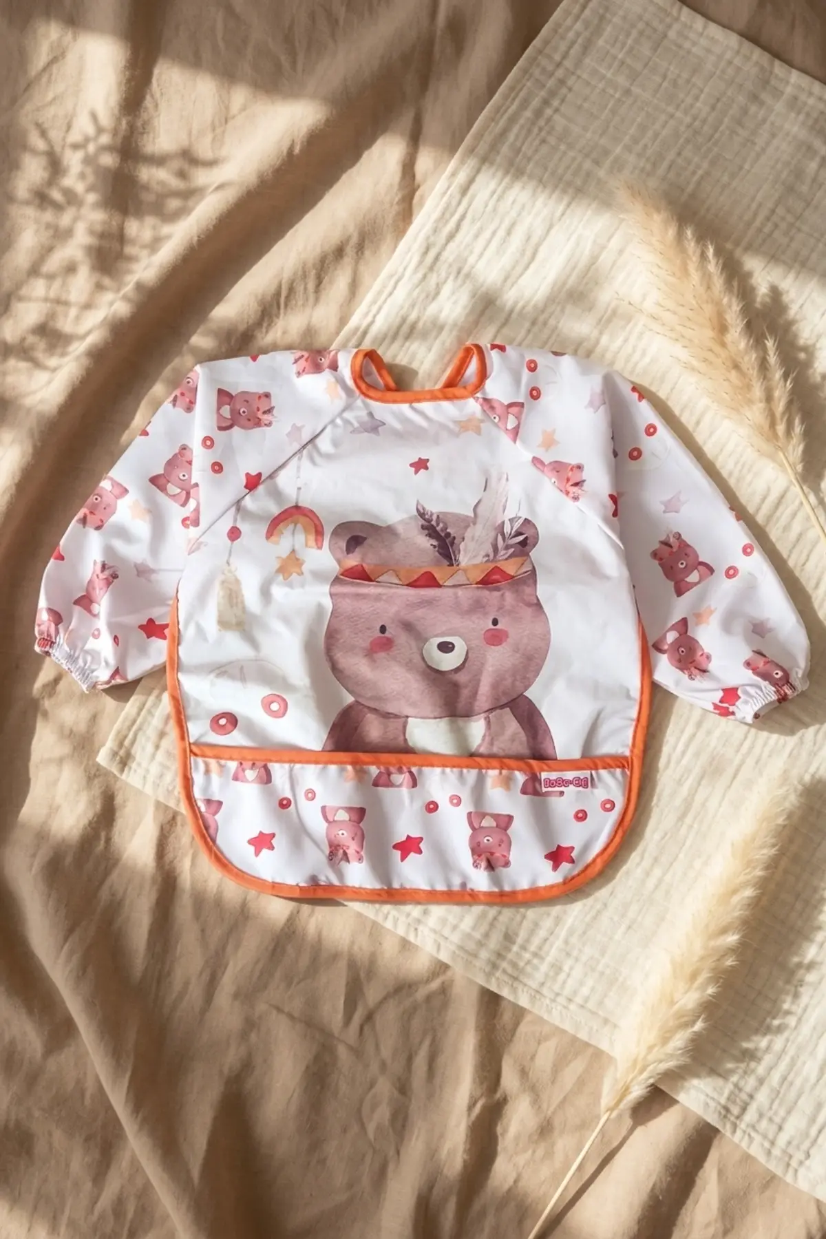 Bery Boho Sıvı Geçirmez Uzun Kollu Bebek Mama Önlüğü - Boho Ayıcık Desenli, Cepli ve Leke Tutmaz BLW Önlüğü 6-24