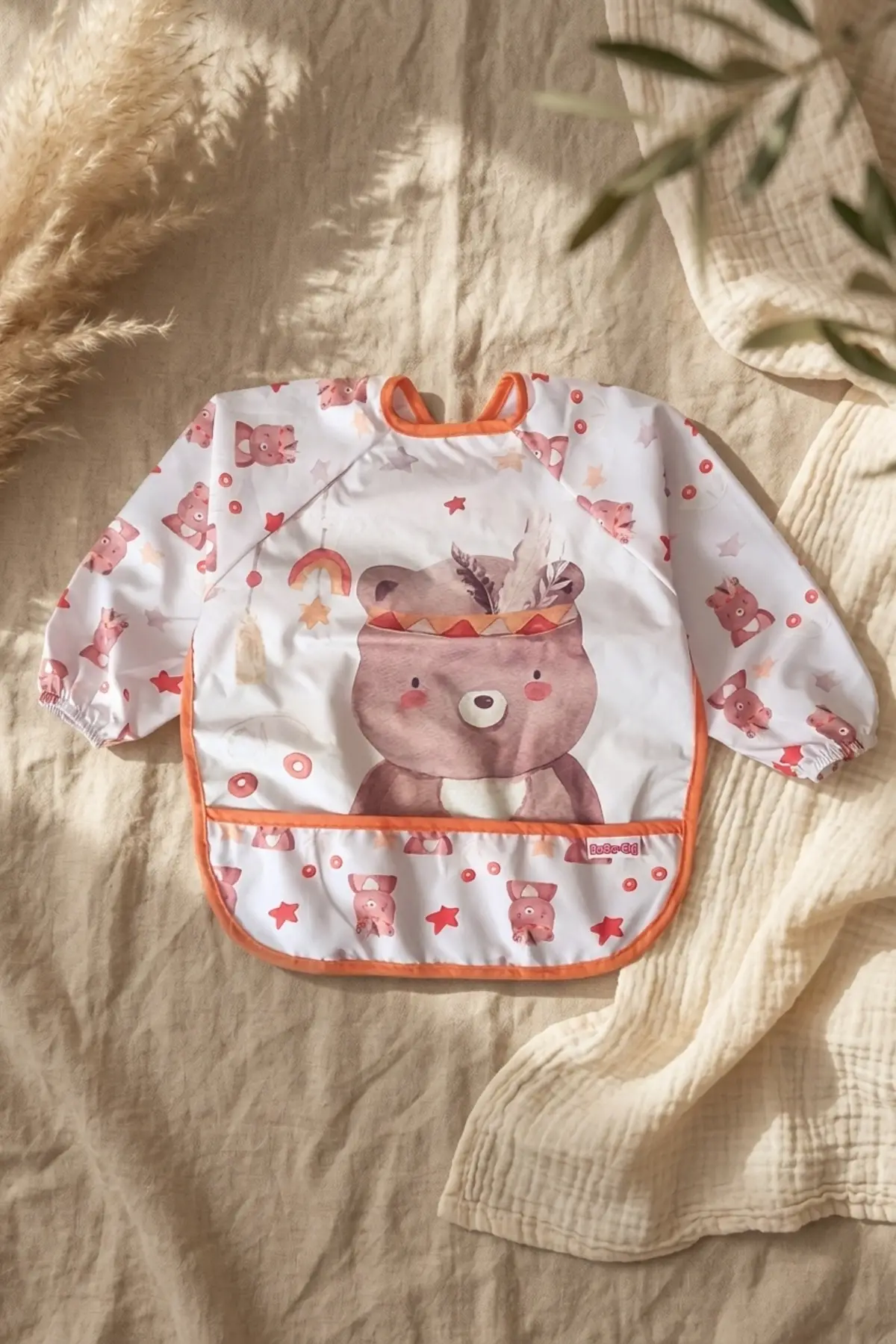 Bery Boho Sıvı Geçirmez Uzun Kollu Bebek Mama Önlüğü - Boho Ayıcık Desenli, Cepli ve Leke Tutmaz BLW Önlüğü 6-24