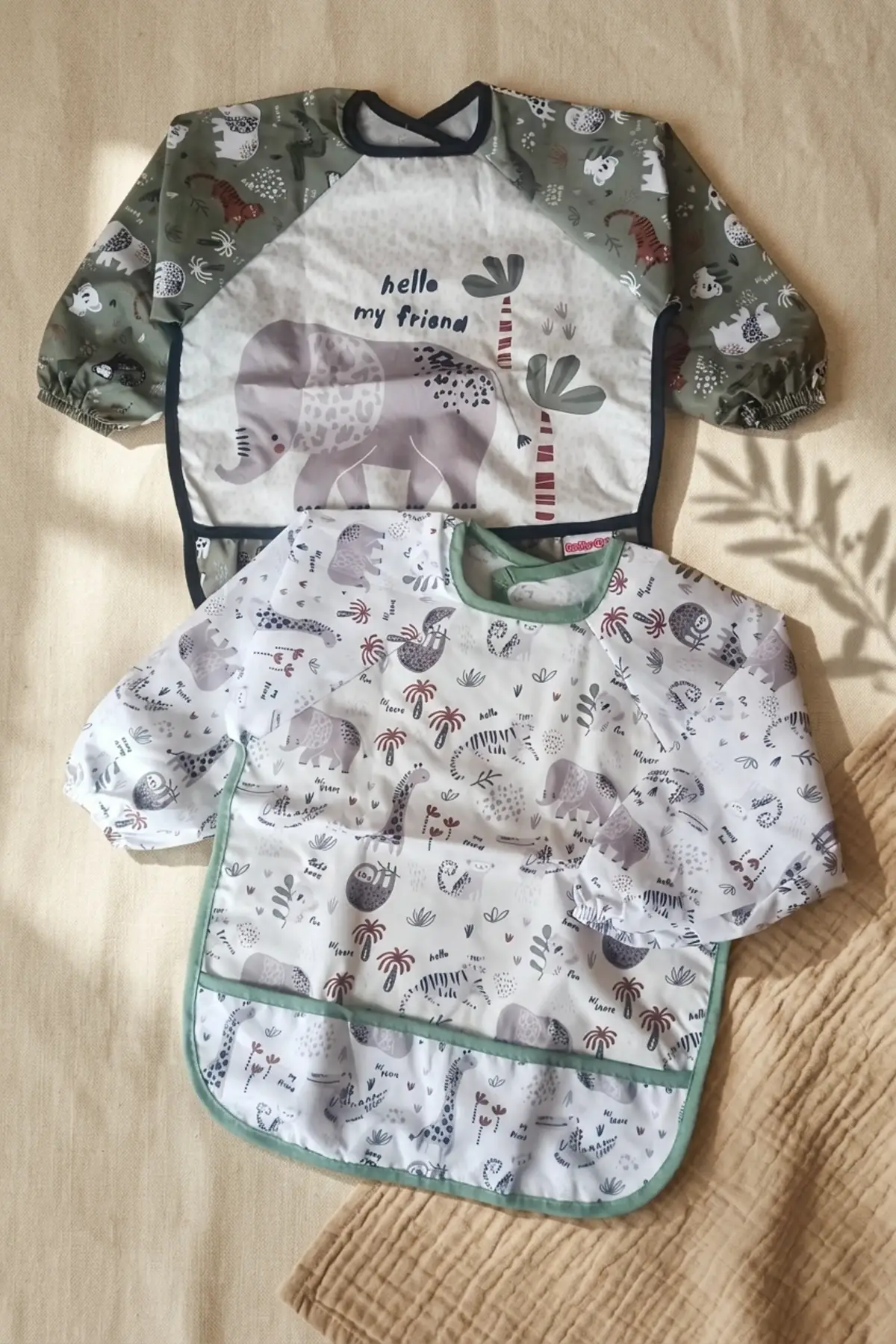 Bebek Uzun Kollu Sıvı Geçirmez Leke Tutmaz 2li Mama Önlüğü Seti - Safari Serisi Kırıntı Cepli BLW Önlüğü 6-24 Ay