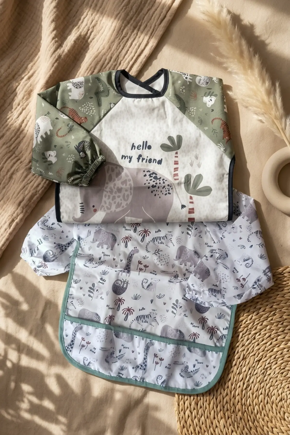 Bebek Uzun Kollu Sıvı Geçirmez Leke Tutmaz 2li Mama Önlüğü Seti - Safari Serisi Kırıntı Cepli BLW Önlüğü 6-24 Ay