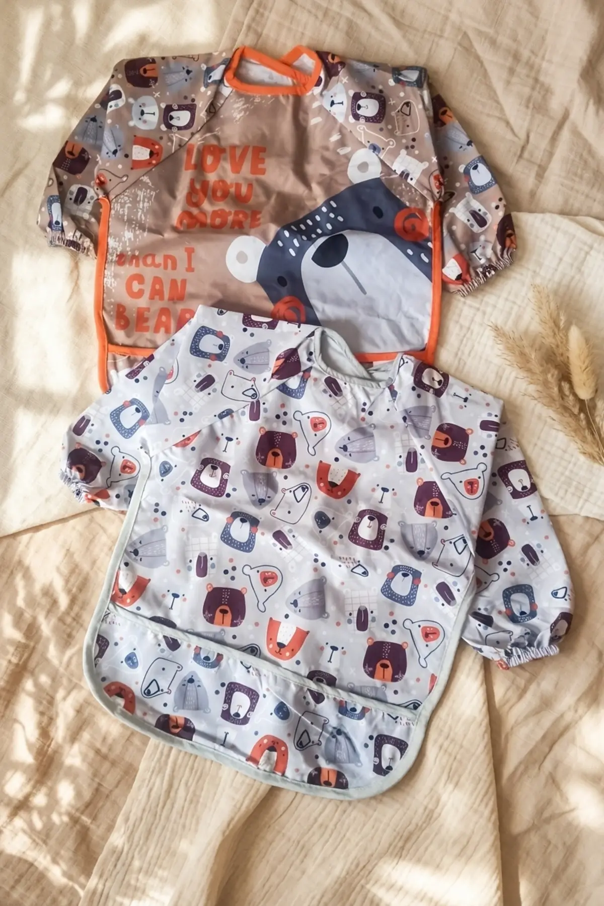 Bubu Bear 2li Set Uzun Kollu Su Geçirmez Bebek Mama Önlüğü - Ayıcık Desenli Leke Tutmaz BLW ve Aktivite Önlüğü 6-24 Ay