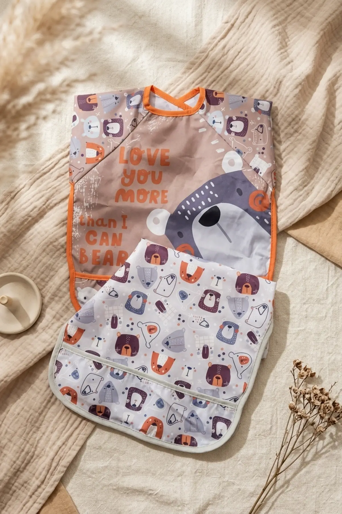 Bubu Bear 2li Set Uzun Kollu Su Geçirmez Bebek Mama Önlüğü - Ayıcık Desenli Leke Tutmaz BLW ve Aktivite Önlüğü 6-24 Ay