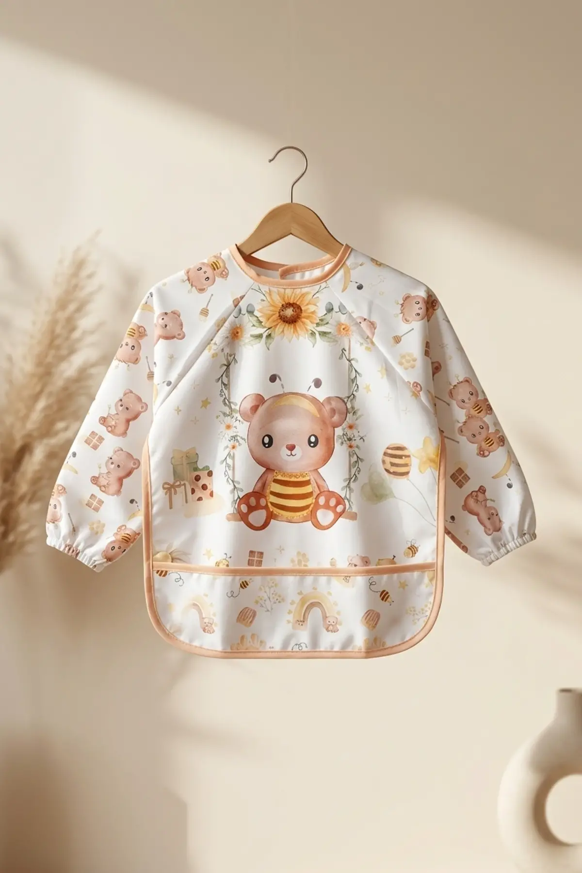TinyBee Leke Tutmaz Sıvı Geçirmez Uzun Kollu Bebek Mama Önlüğü - 2li Set BLW Uyumlu Kırıntı Cepli 6-24 Ay