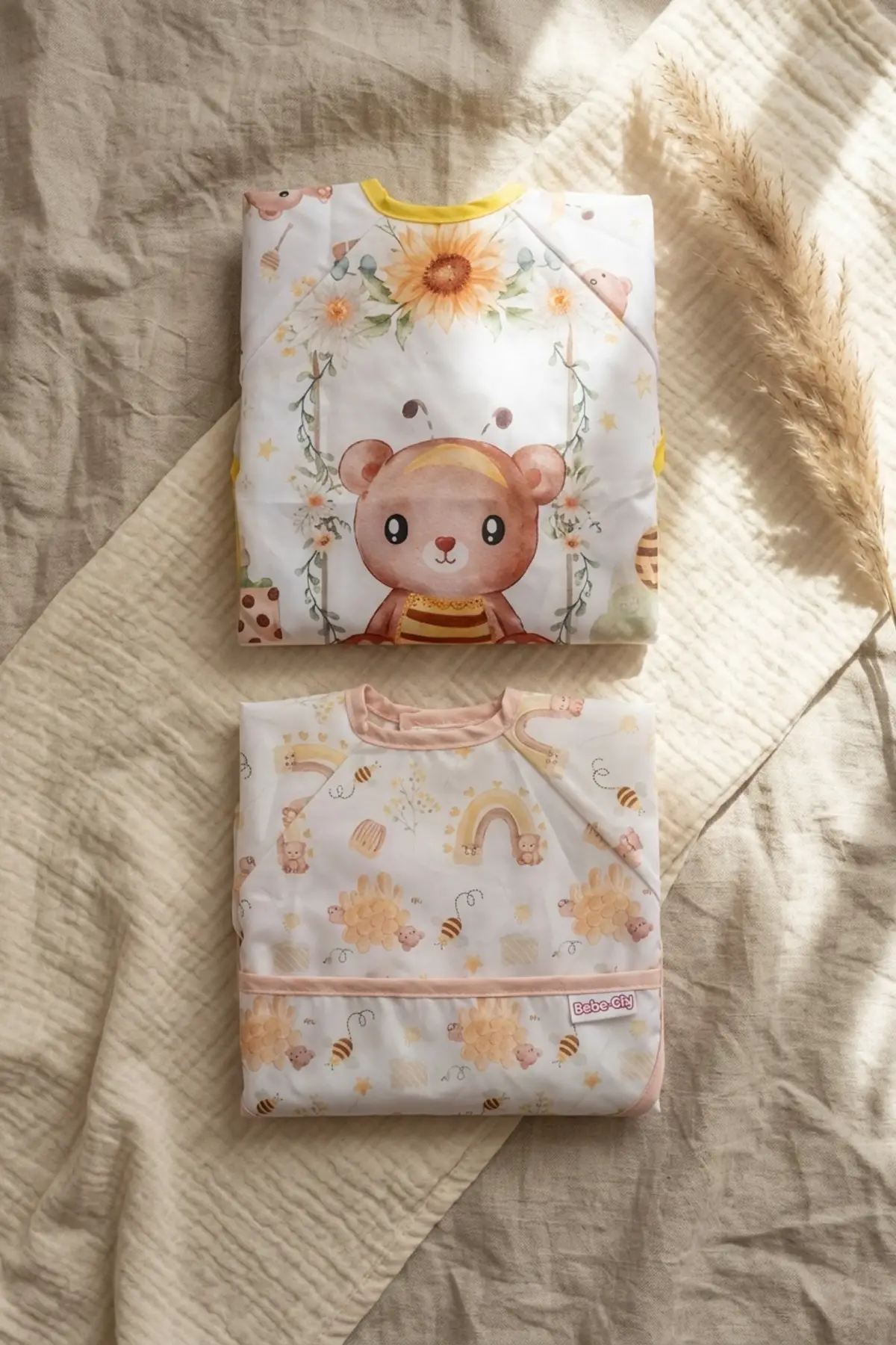 TinyBee Leke Tutmaz Sıvı Geçirmez Uzun Kollu Bebek Mama Önlüğü - 2li Set BLW Uyumlu Kırıntı Cepli 6-24 Ay