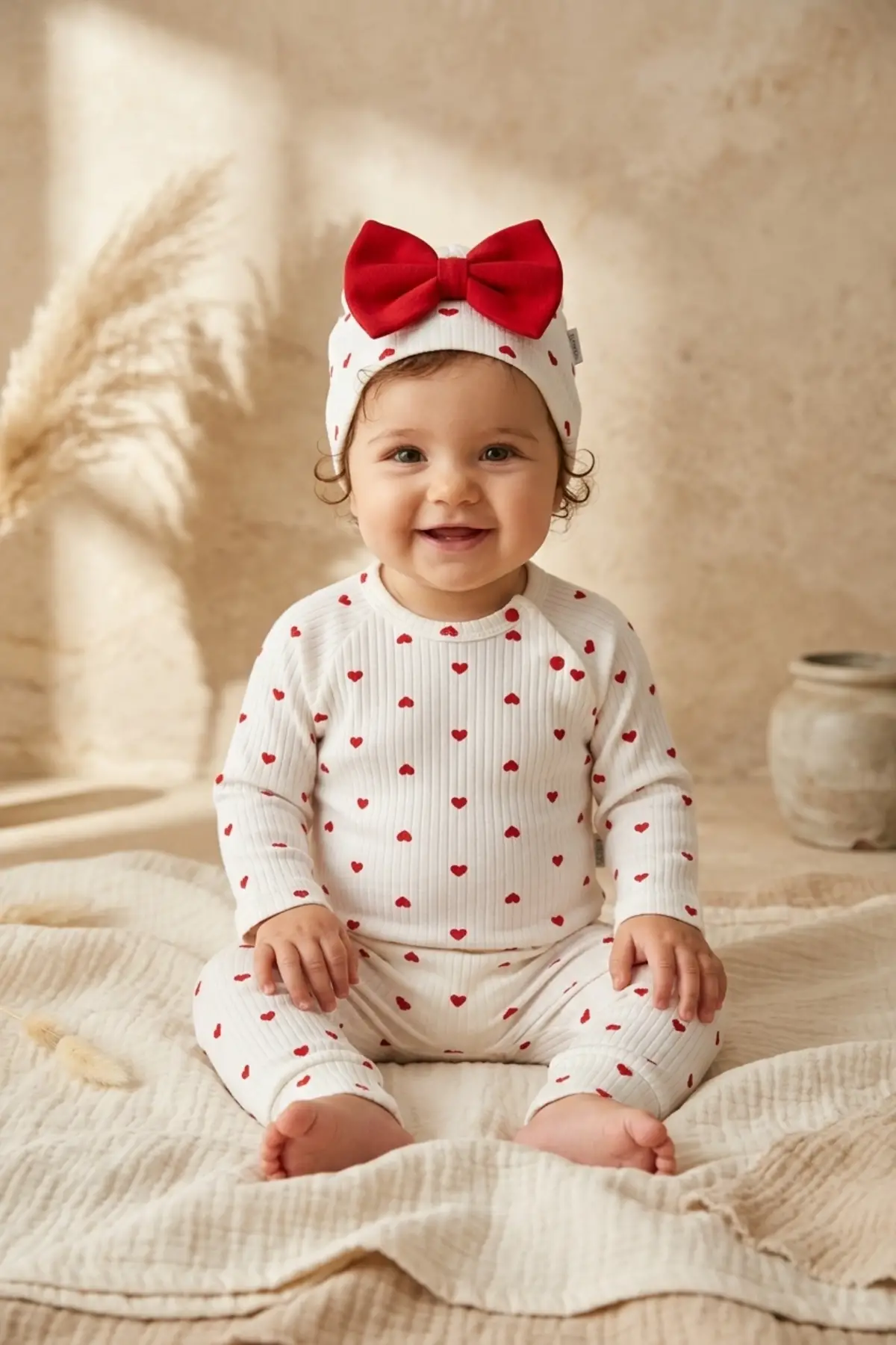 Amore Kalp %100 Pamuklu Ribana Kumaş Kalp Desenli 3lü Bebek Takımı - Zıbın, Pantolon ve Fiyonklu Bere Seti