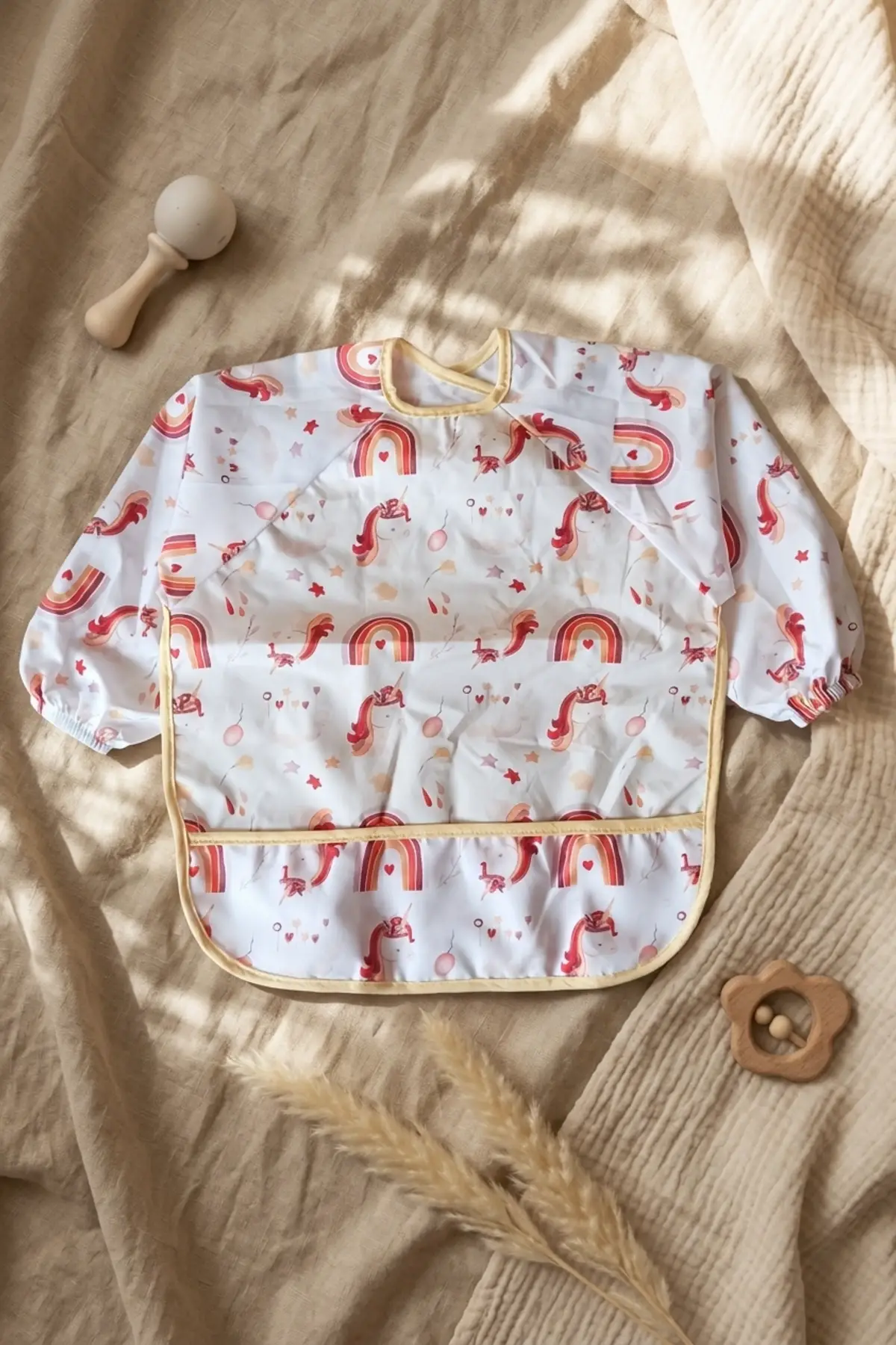 Nova Boho Unicorn Desenli Sıvı Geçirmez Uzun Kollu Mama Önlüğü - BLW ve Faaliyet Önlüğü Kırıntı Cepli 6-24 Ay