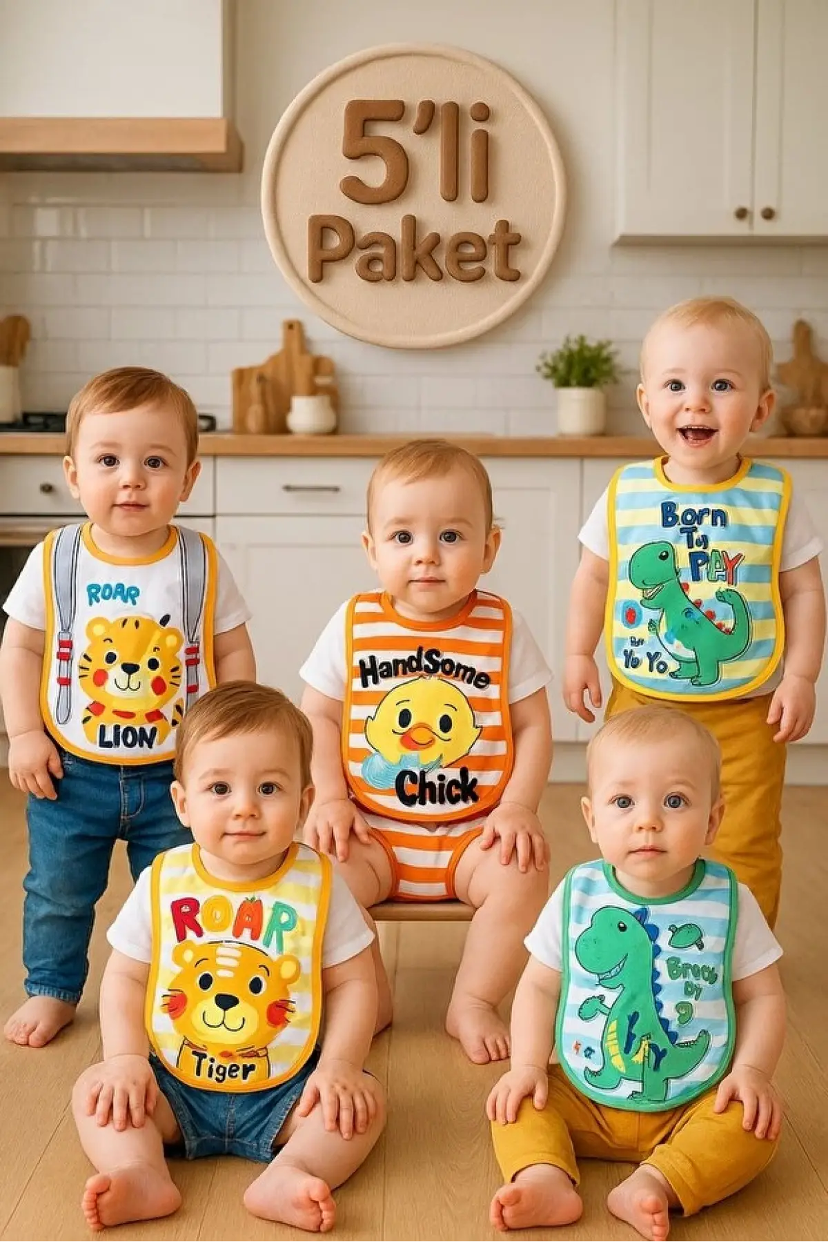 Little Explorer 5li Bebek Önlük Seti - Sıvı Geçirmez, Pamuklu, Hayvan Figürlü Eğlenceli Mama Önlüğü 0-12 Ay
