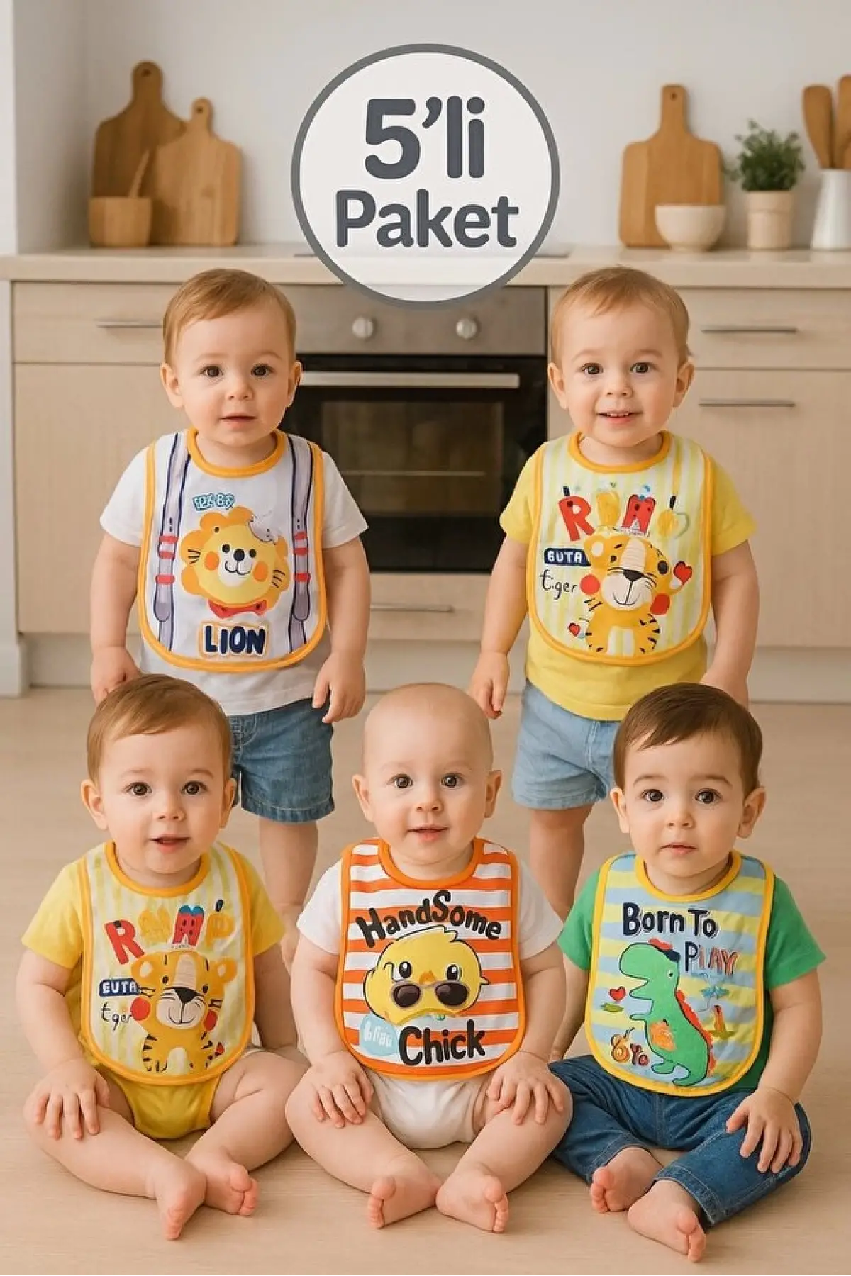 Little Explorer 5li Bebek Önlük Seti - Sıvı Geçirmez, Pamuklu, Hayvan Figürlü Eğlenceli Mama Önlüğü 0-12 Ay