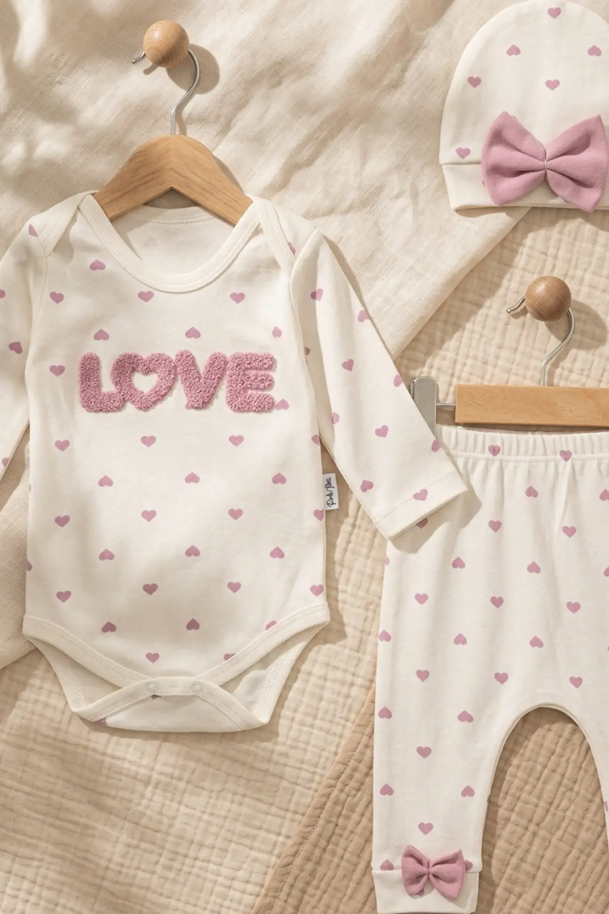 %100 Pamuklu Mia Love Kalp Desenli Fiyonk Detaylı 3lü Bebek Takımı - Ekru/Gül Kurusu 3-9 Ay