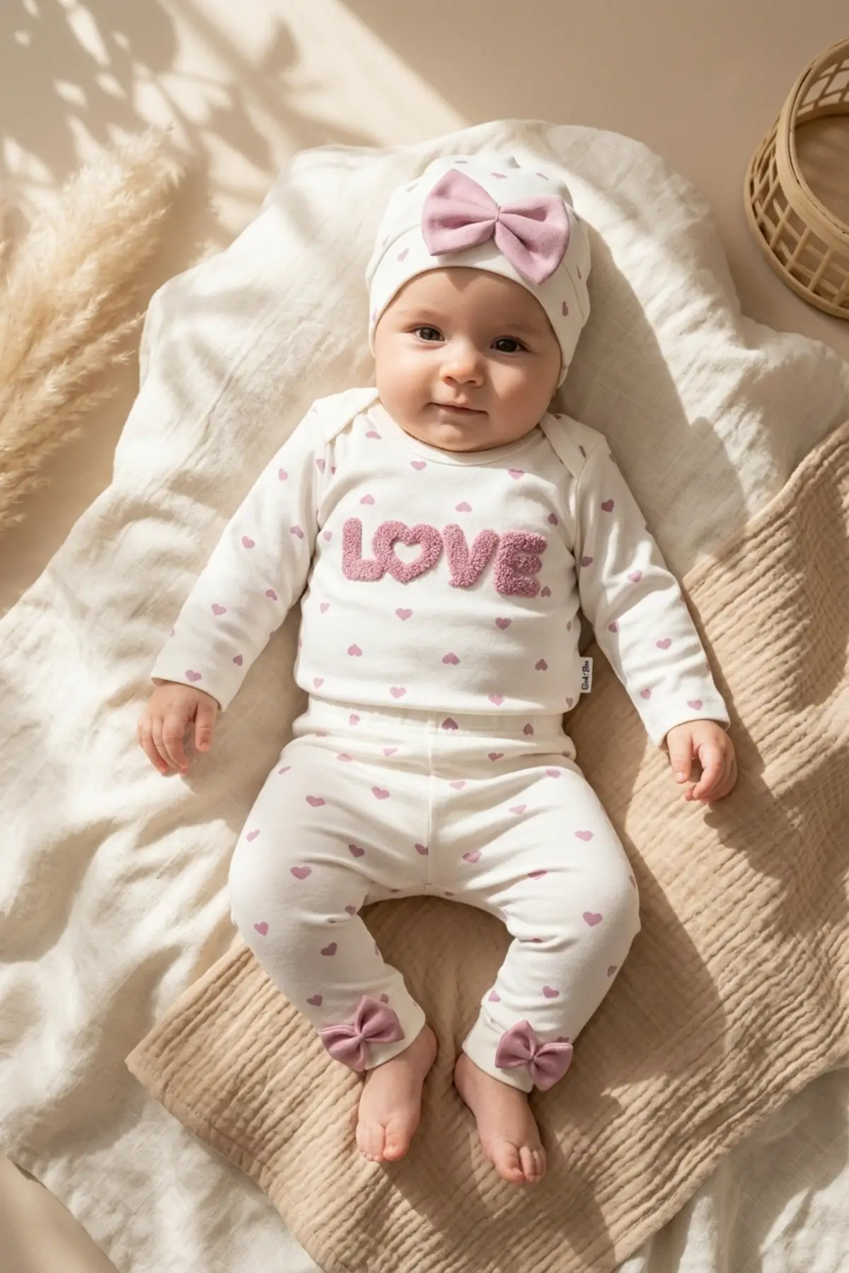 %100 Pamuklu Mia Love Kalp Desenli Fiyonk Detaylı 3lü Bebek Takımı - Ekru/Gül Kurusu 3-9 Ay