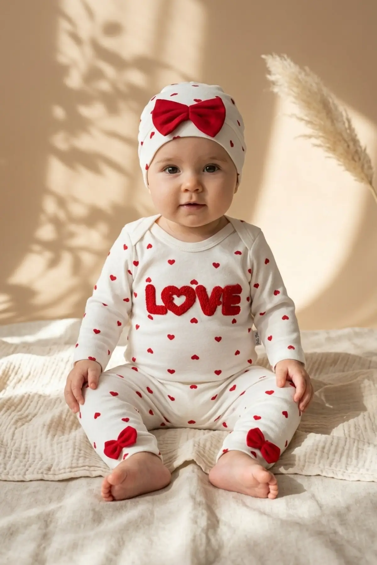 %100 Pamuklu Mia Love Kalp Desenli Fiyonk Detaylı 3lü Bebek Takımı - Kırmızı/Beyaz Kurusu 3-9 Ay