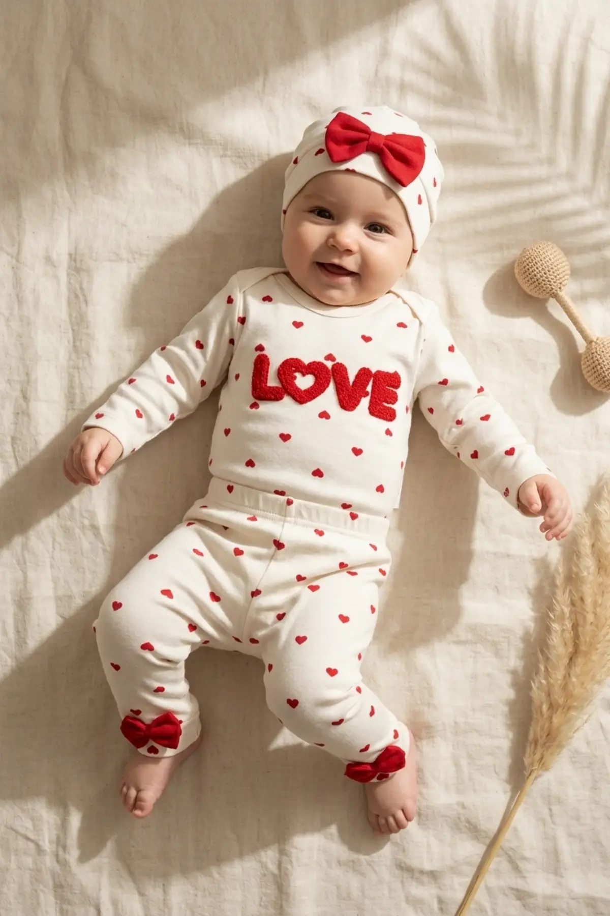%100 Pamuklu Mia Love Kalp Desenli Fiyonk Detaylı 3lü Bebek Takımı - Kırmızı/Beyaz Kurusu 3-9 Ay