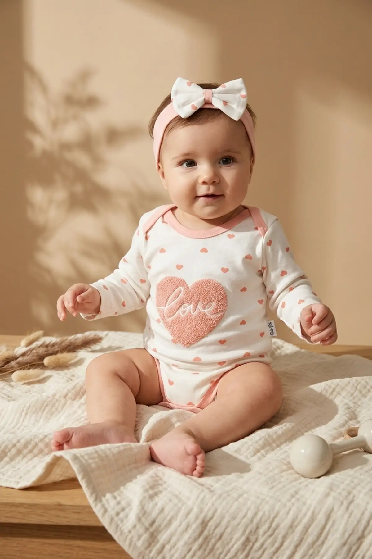 Aria Love Kız Bebek 3’lü Takım - %100 Pamuklu Kalp Desenli Zıbın, Alt ve Bandana Seti - Pudra 3-9 Ay