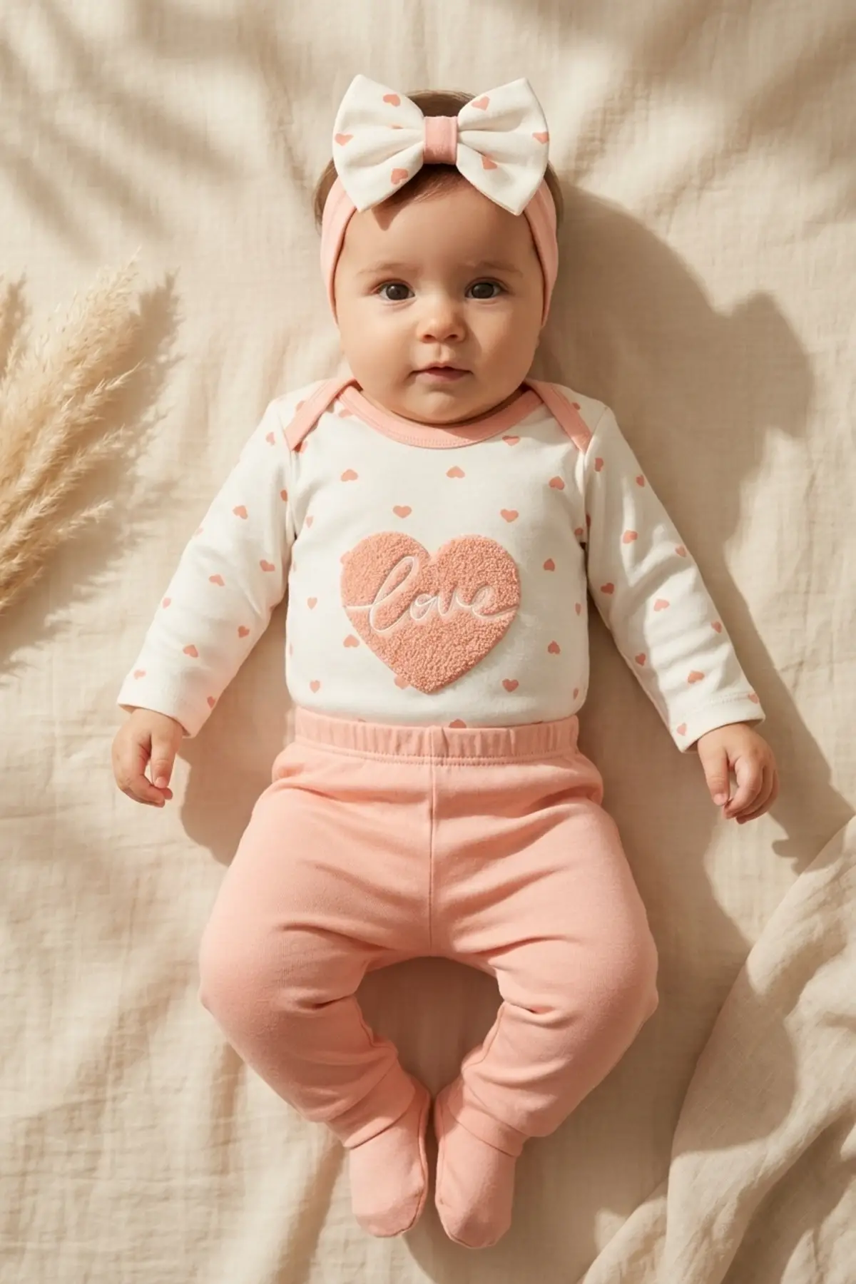 Aria Love Kız Bebek 3’lü Takım - %100 Pamuklu Kalp Desenli Zıbın, Alt ve Bandana Seti - Pudra 3-9 Ay