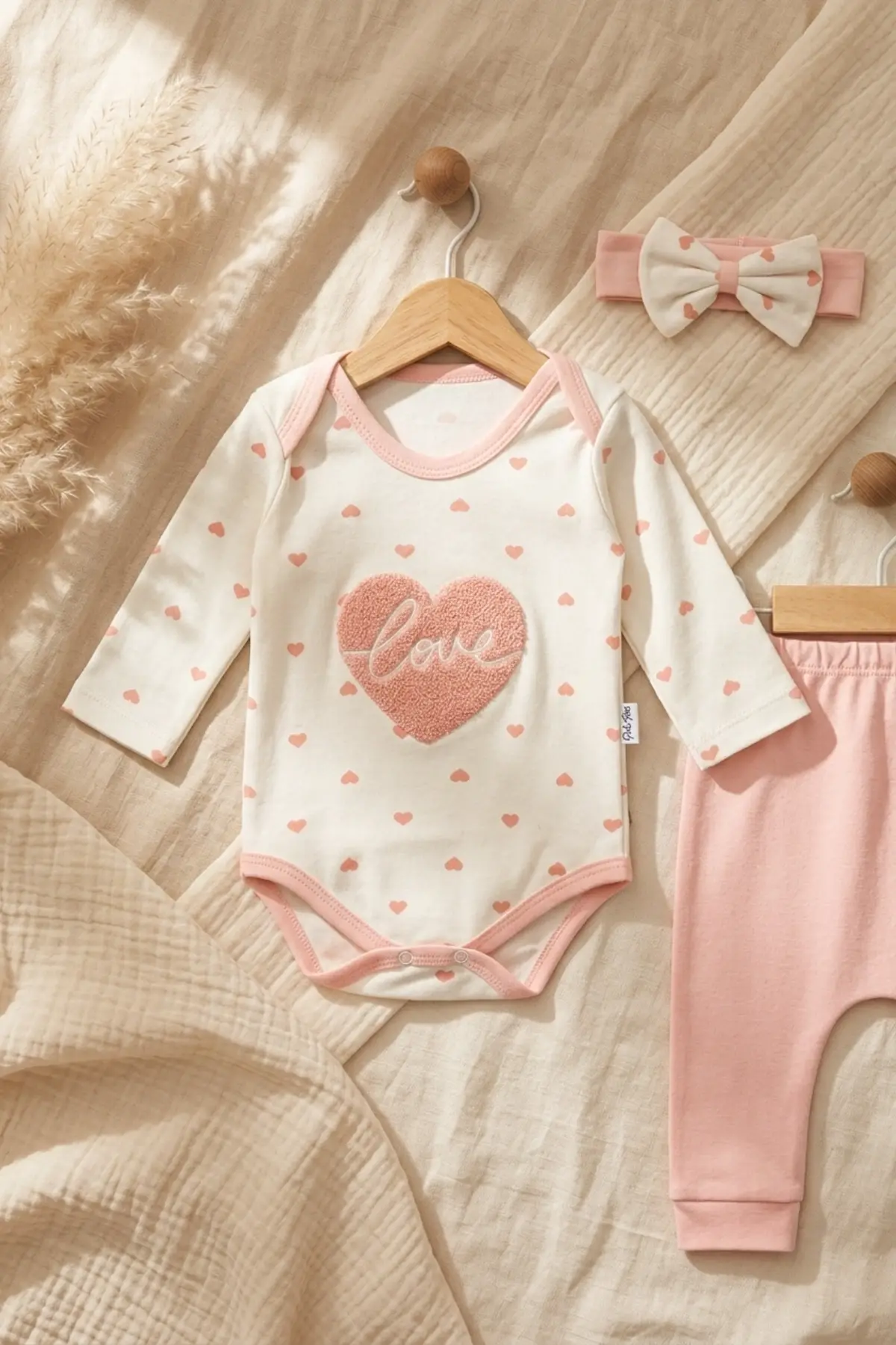 Aria Love Kız Bebek 3’lü Takım - %100 Pamuklu Kalp Desenli Zıbın, Alt ve Bandana Seti - Pudra 3-9 Ay