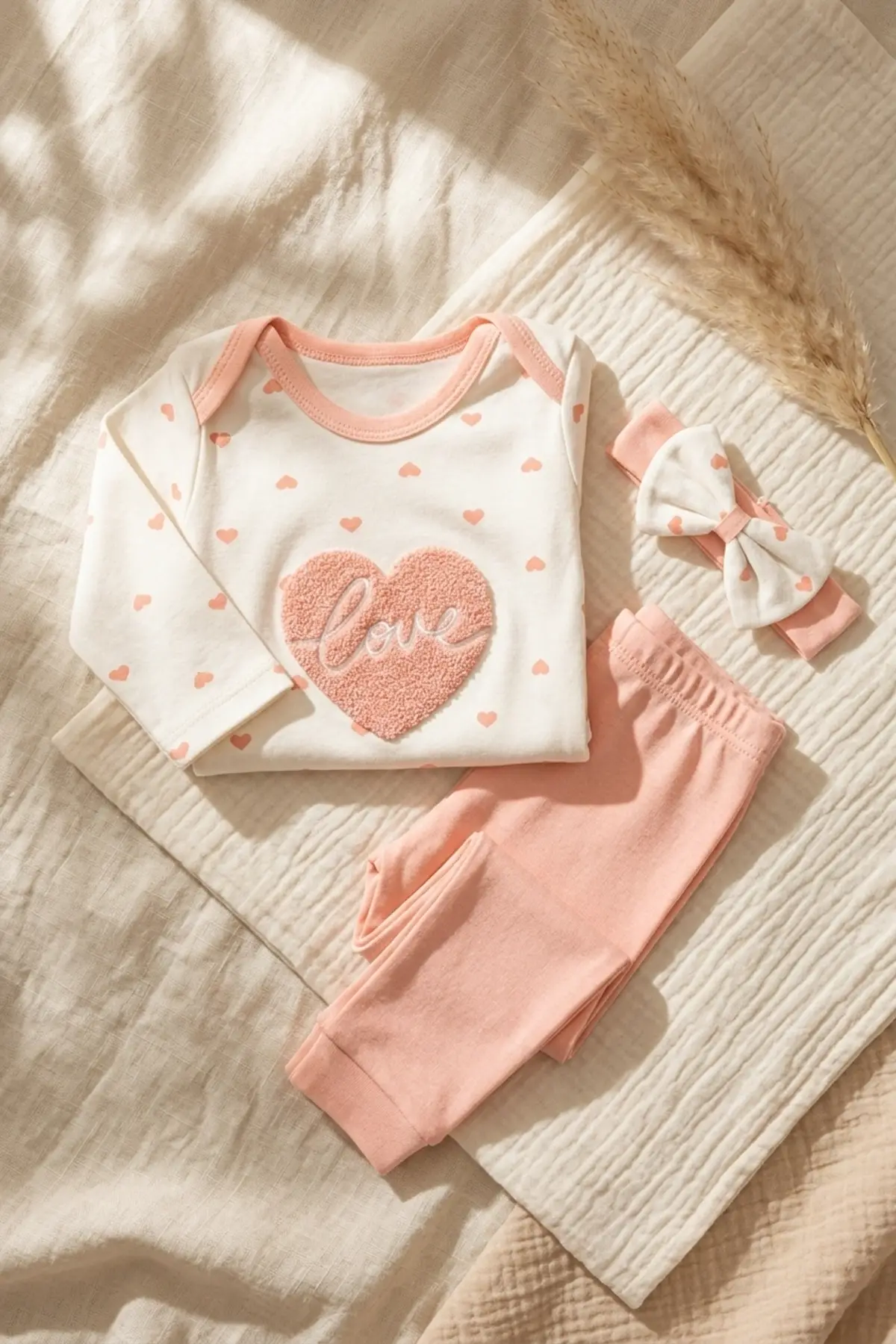 Aria Love Kız Bebek 3’lü Takım - %100 Pamuklu Kalp Desenli Zıbın, Alt ve Bandana Seti - Pudra 3-9 Ay