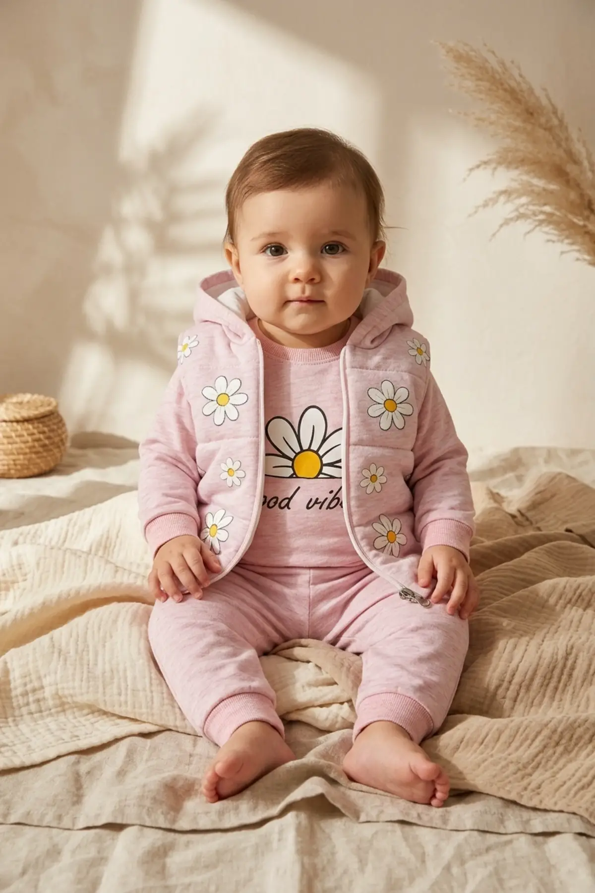 Kız Bebek Pembe Papatya Desenli 3lü Takım - Kapüşonlu Şişme Yelek, Sweatshirt ve Eşofman Altı Kombini