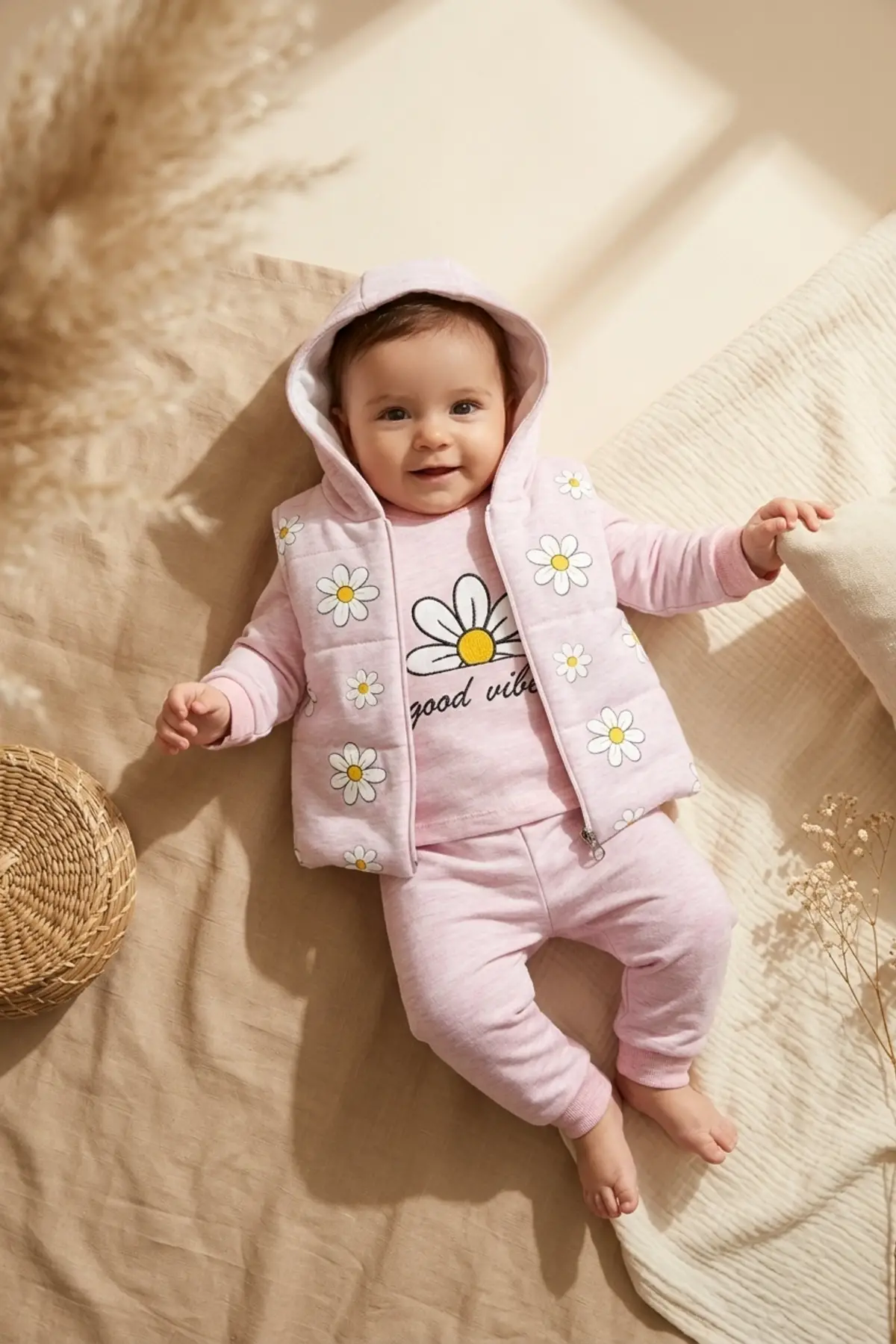 Kız Bebek Pembe Papatya Desenli 3lü Takım - Kapüşonlu Şişme Yelek, Sweatshirt ve Eşofman Altı Kombini