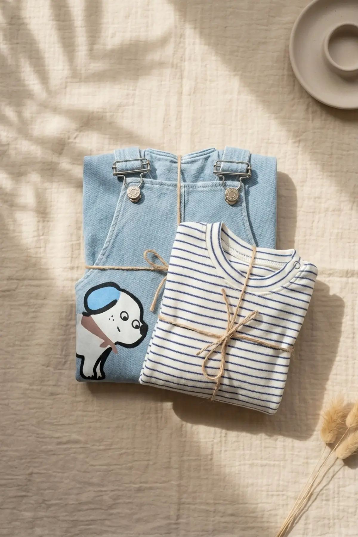 Sevimli Köpek Figürlü Açık Mavi Denim Salopet ve Çizgili Body 2li Bebek Salopet - %100 Pamuklu Yumuşak Doku
