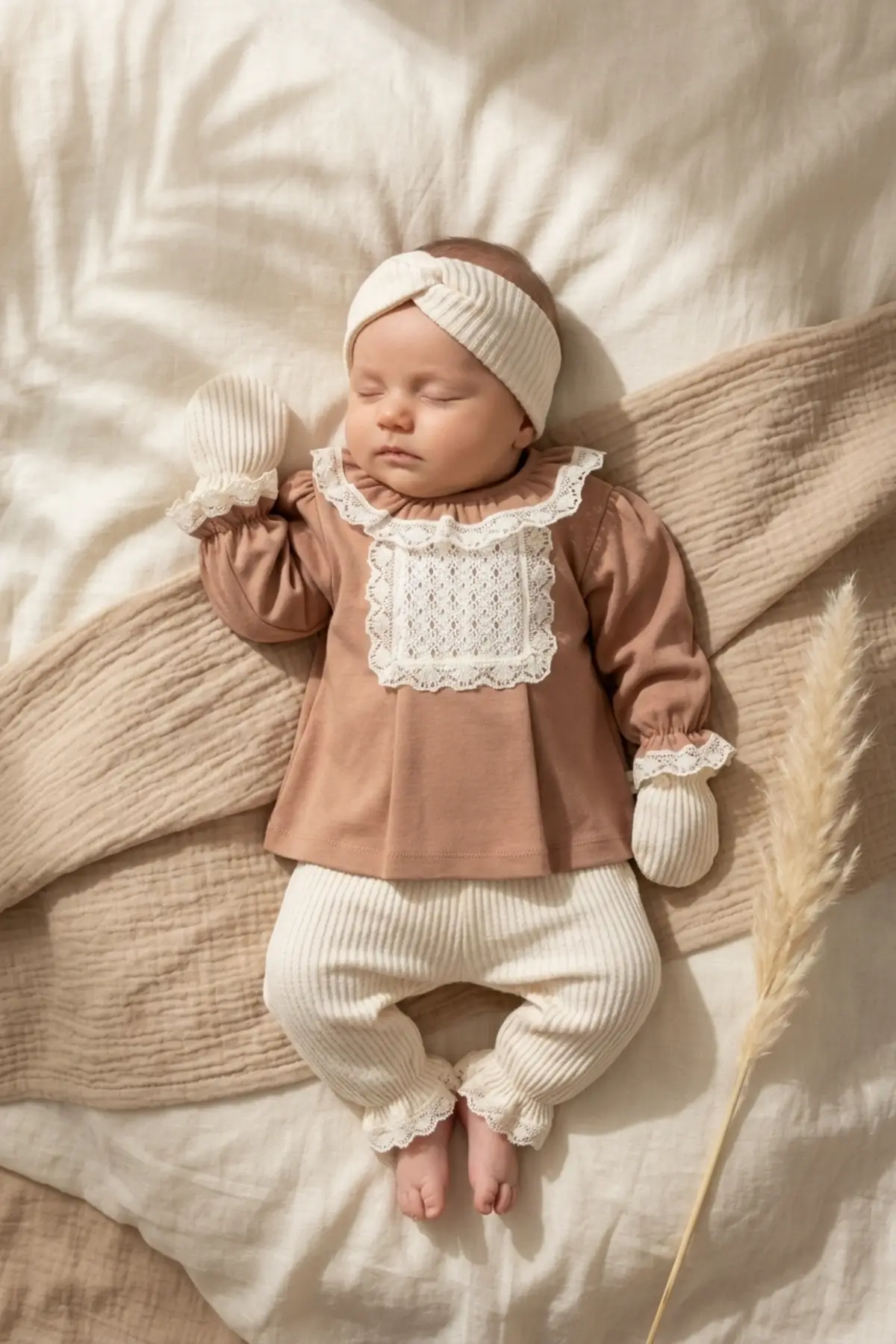Kız Bebek Tarçın Dantel Yakalı Hastane Çıkışı ve Ekru Fitilli 5li Boho Set - %100 Yumuşak Pamuk