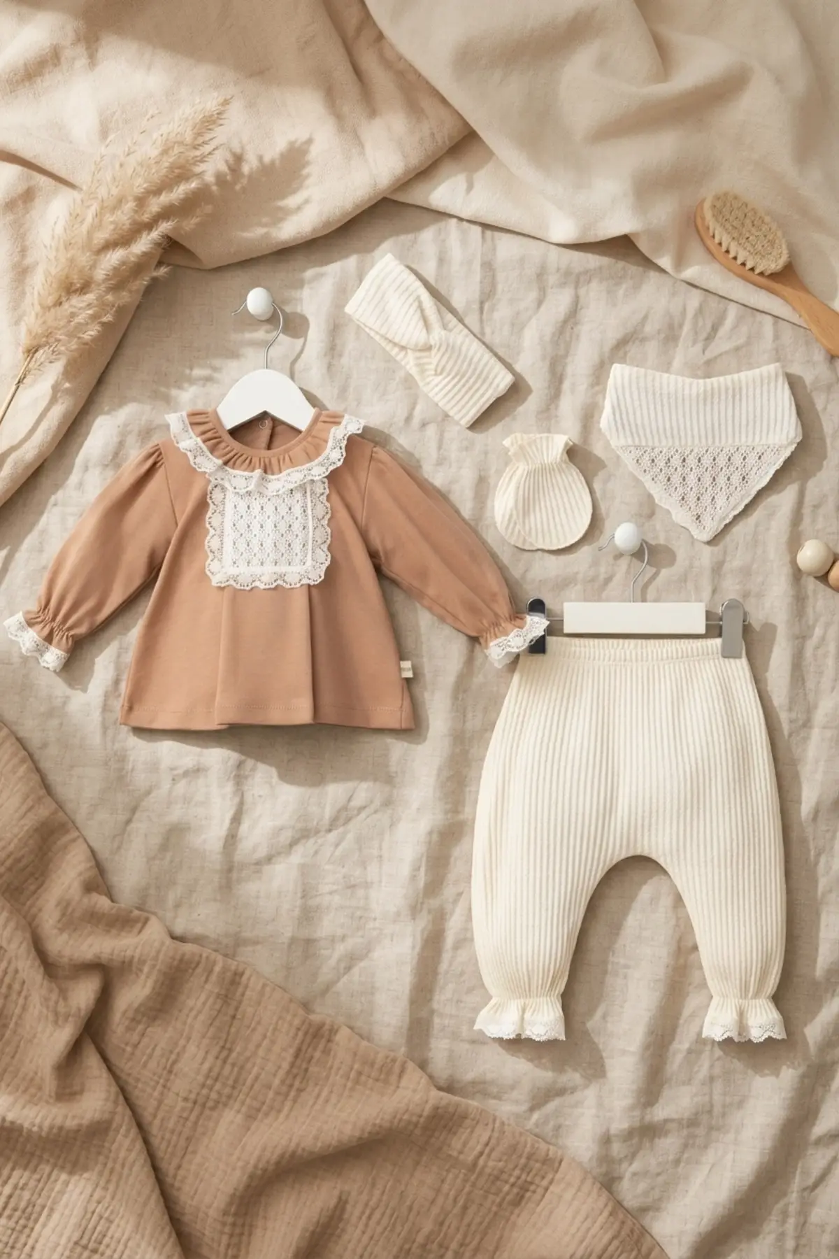 Kız Bebek Tarçın Dantel Yakalı Hastane Çıkışı ve Ekru Fitilli 5li Boho Set - %100 Yumuşak Pamuk