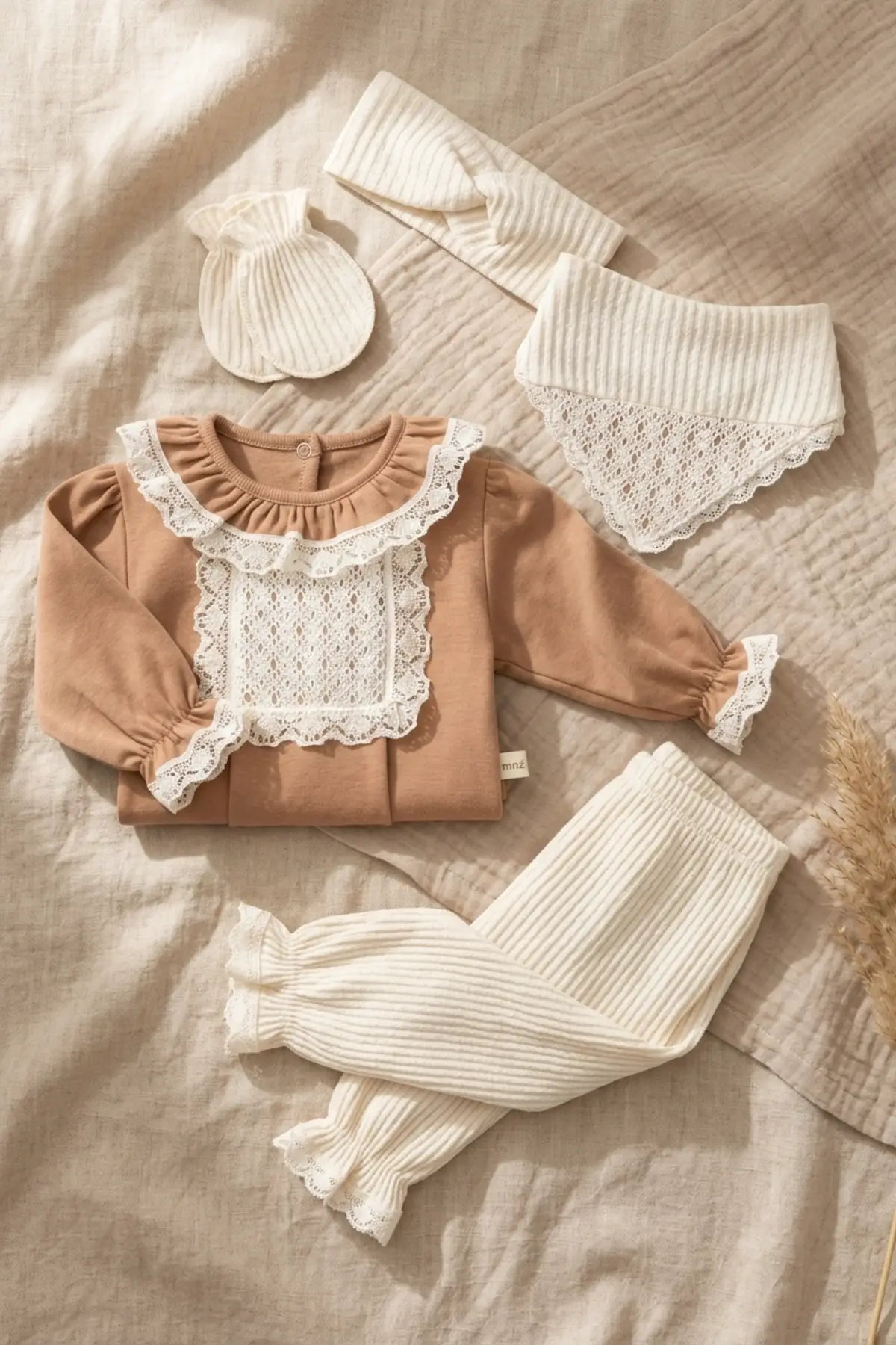 Kız Bebek Tarçın Dantel Yakalı Hastane Çıkışı ve Ekru Fitilli 5li Boho Set - %100 Yumuşak Pamuk