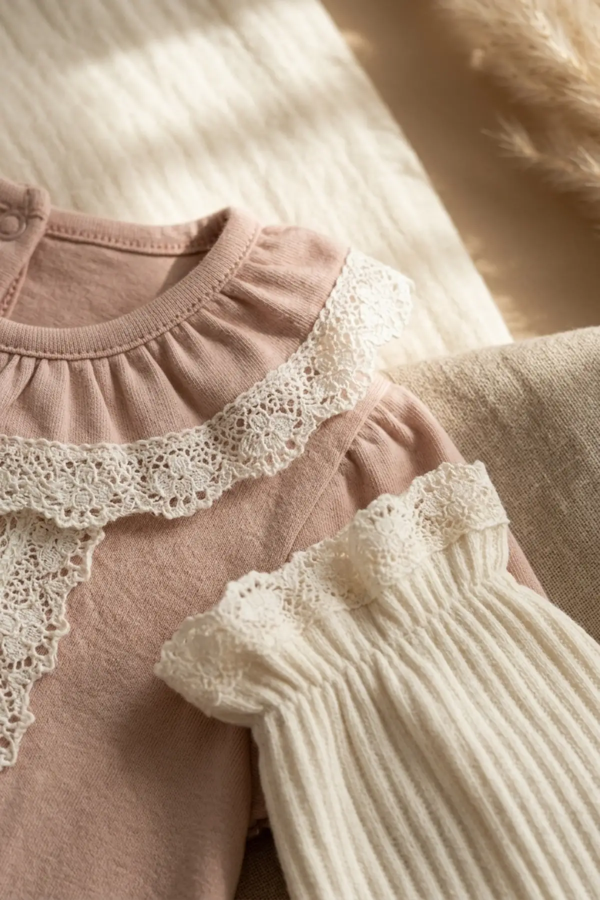 Kız Bebek Tarçın Dantel Yakalı Hastane Çıkışı ve Ekru Fitilli 5li Boho Set - %100 Yumuşak Pamuk