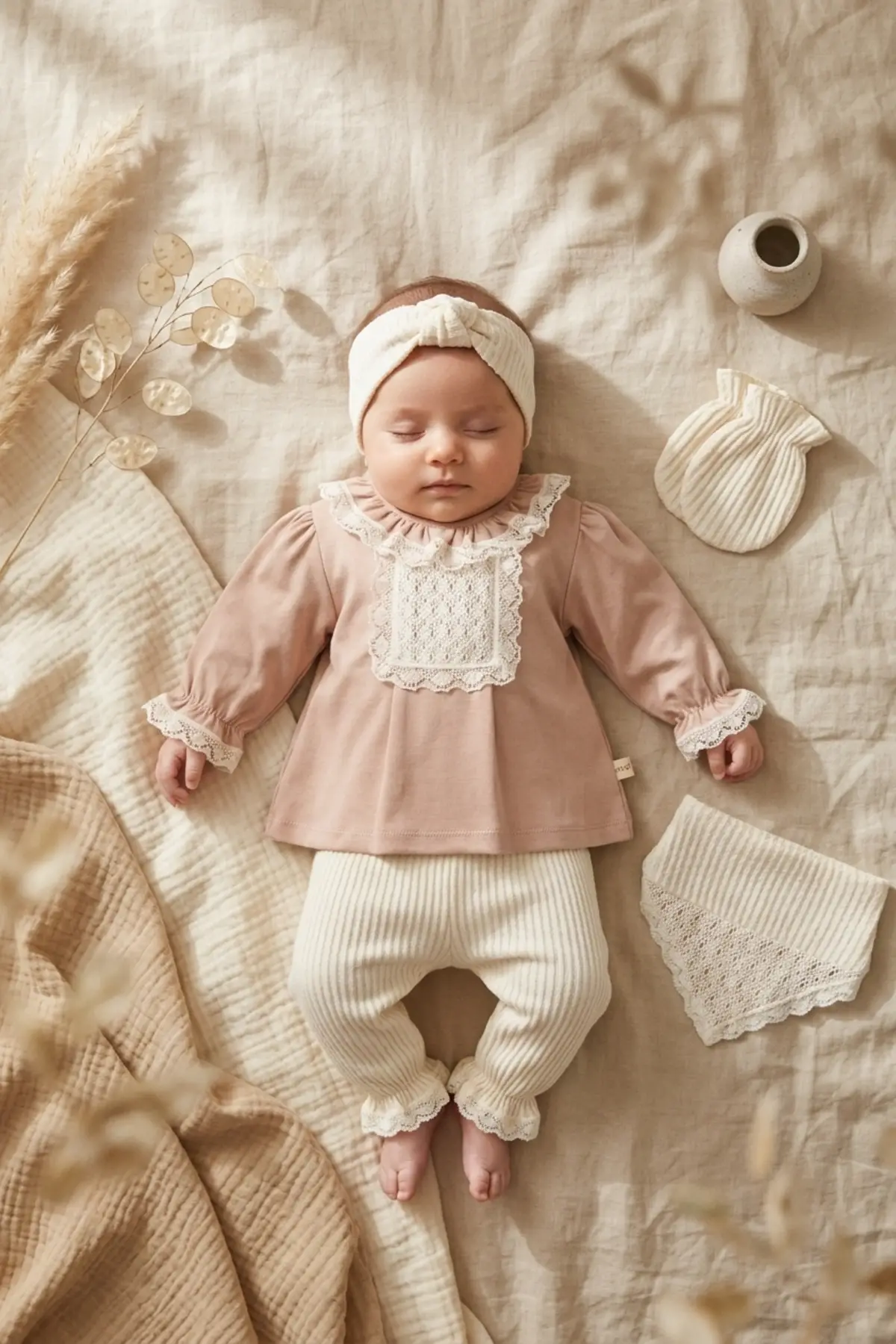 Kız Bebek Tarçın Dantel Yakalı Hastane Çıkışı ve Ekru Fitilli 5li Boho Set - %100 Yumuşak Pamuk