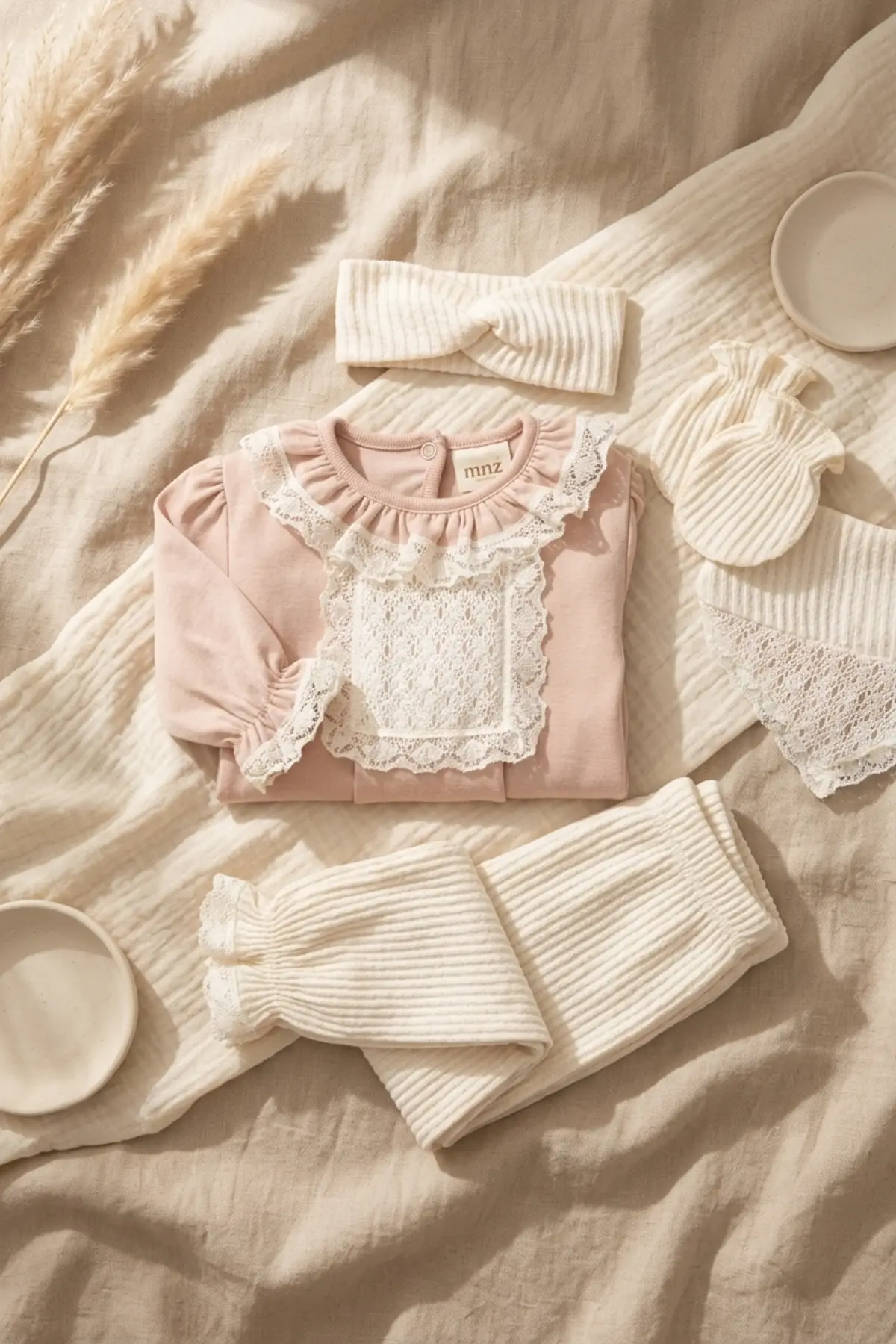 Kız Bebek Tarçın Dantel Yakalı Hastane Çıkışı ve Ekru Fitilli 5li Boho Set - %100 Yumuşak Pamuk